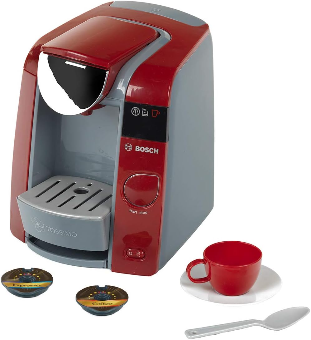 Theo Klein Bosch Tassimo 95439570 – Kafijas automāts rotaļlieta bērniem, ūdens ieplūde, skaņas efekti, espresso komplekts, 20 cm, sarkans