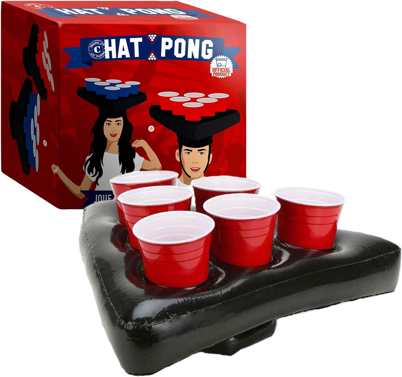 OriginalCup Hat Pong – Alus Pong spēle komplekts, 2 piepūšamās cepures, 12 sarkani kausi, 2 bumbiņas