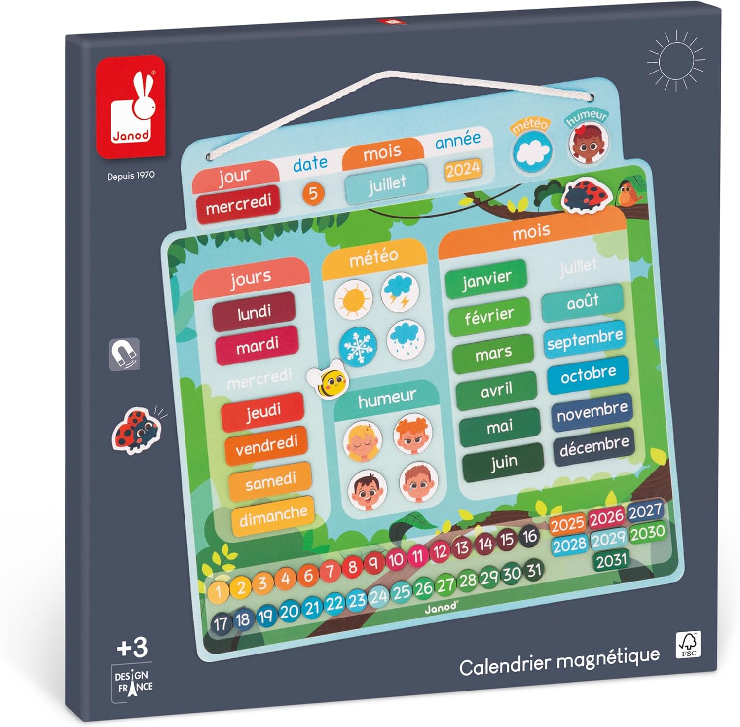 Janod Calendrier Magnétique – Izglītojoša magnētu spēle bērniem, 71 magnēts, laika jēdziena apguve, no 3 gadiem