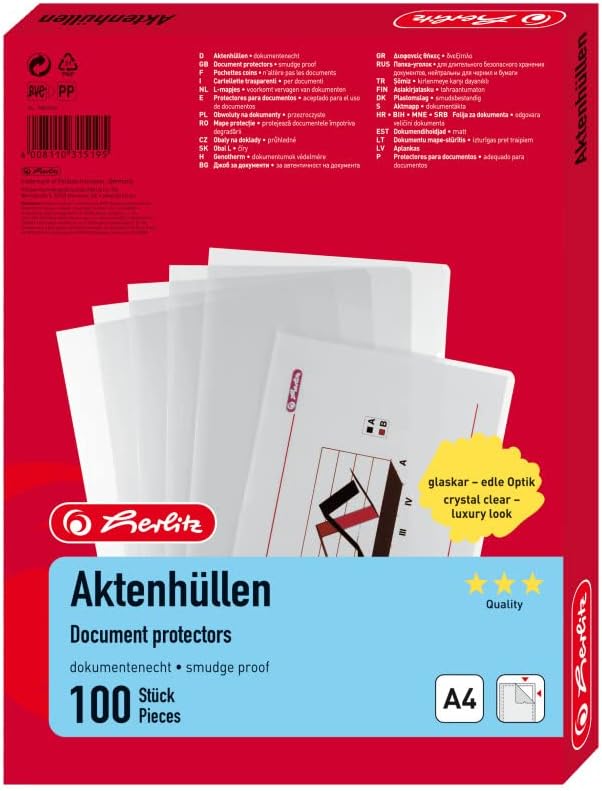 Herlitz 10843746 - Caurspīdīga polipropilēna A4 kabatiņas, 0,11 mm, kristāldzidra, 100 gab.