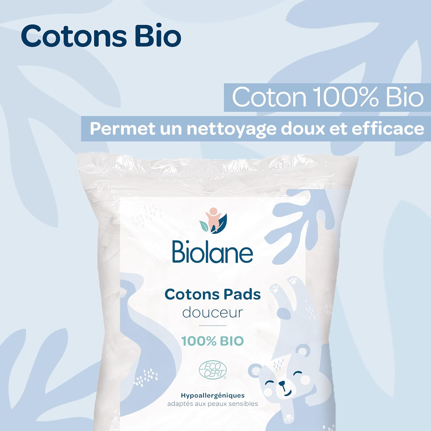 BIOLANE – Organiskie kokvilnas spilventiņi zīdaiņiem, jutīgai ādai, autiņbiksīšu maiņai, 100% organiski, 150gb.