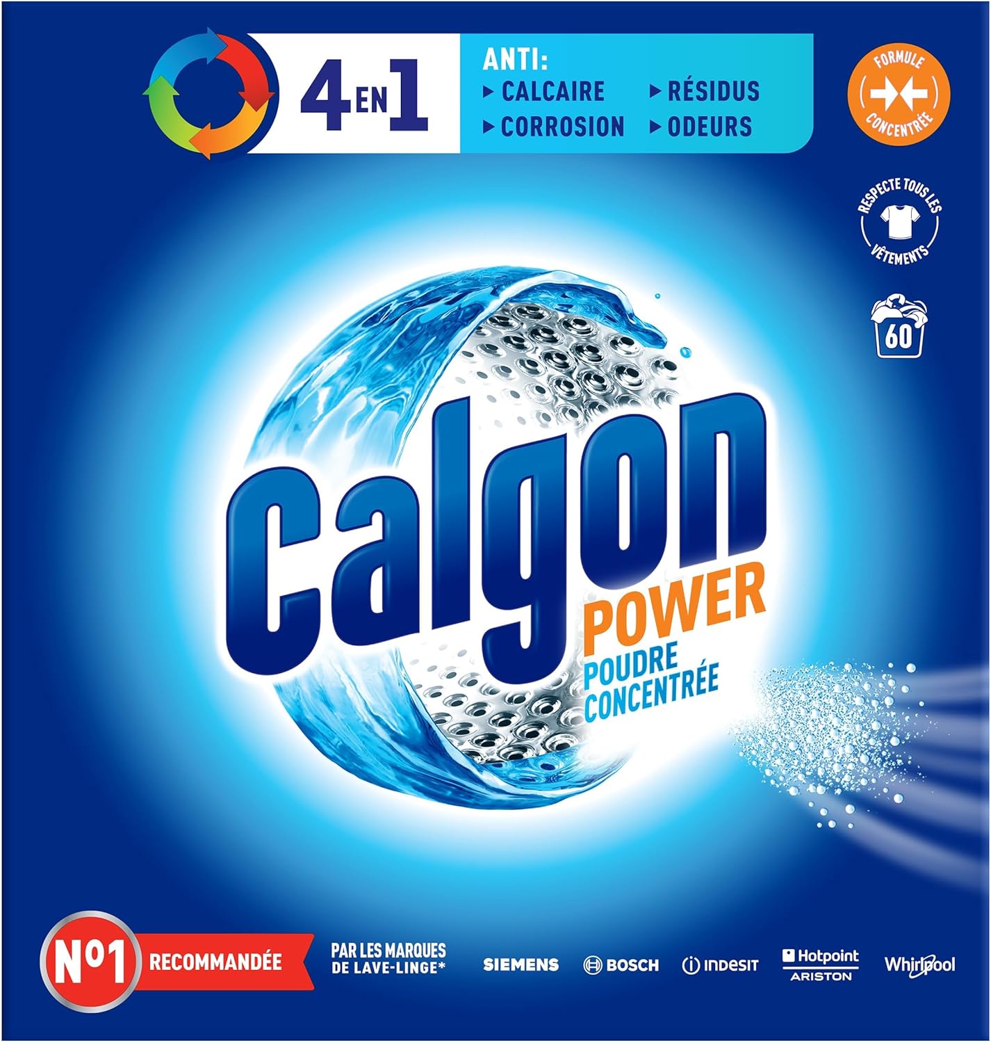 Calgon 4in1 – Kaļķakmens noņemšanas pulveris veļas mašīnām, 60 mērkarotes, aizsardzība pret kaļķakmeni, drēbju tīrība, 1,5 kg