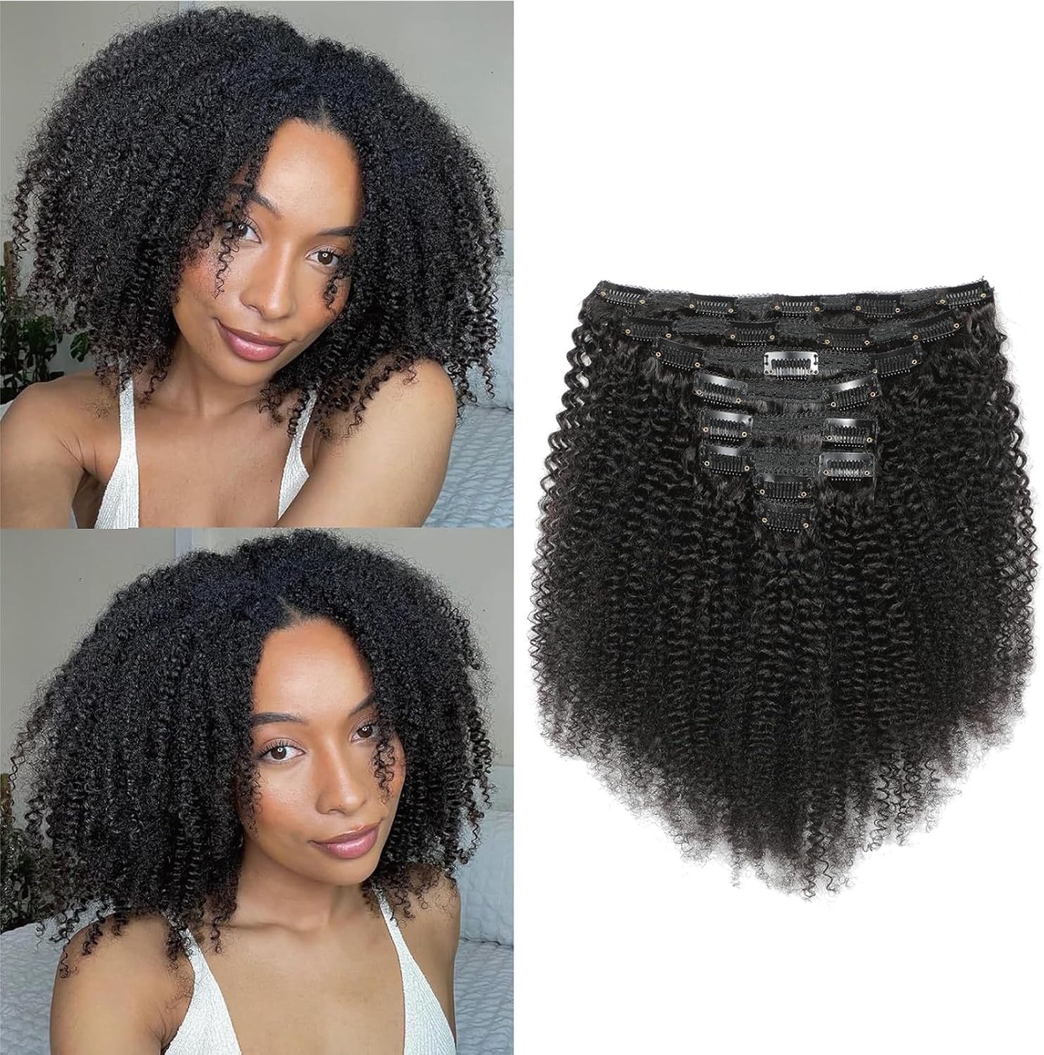 Humistwbiu—Afro Kinky Curly matu pieaudzēšanas klipši, 10A kvalitātes, Brazīlijas Virgin 4C, dabiski melni, 8 gabalu komplekts, 22 collas