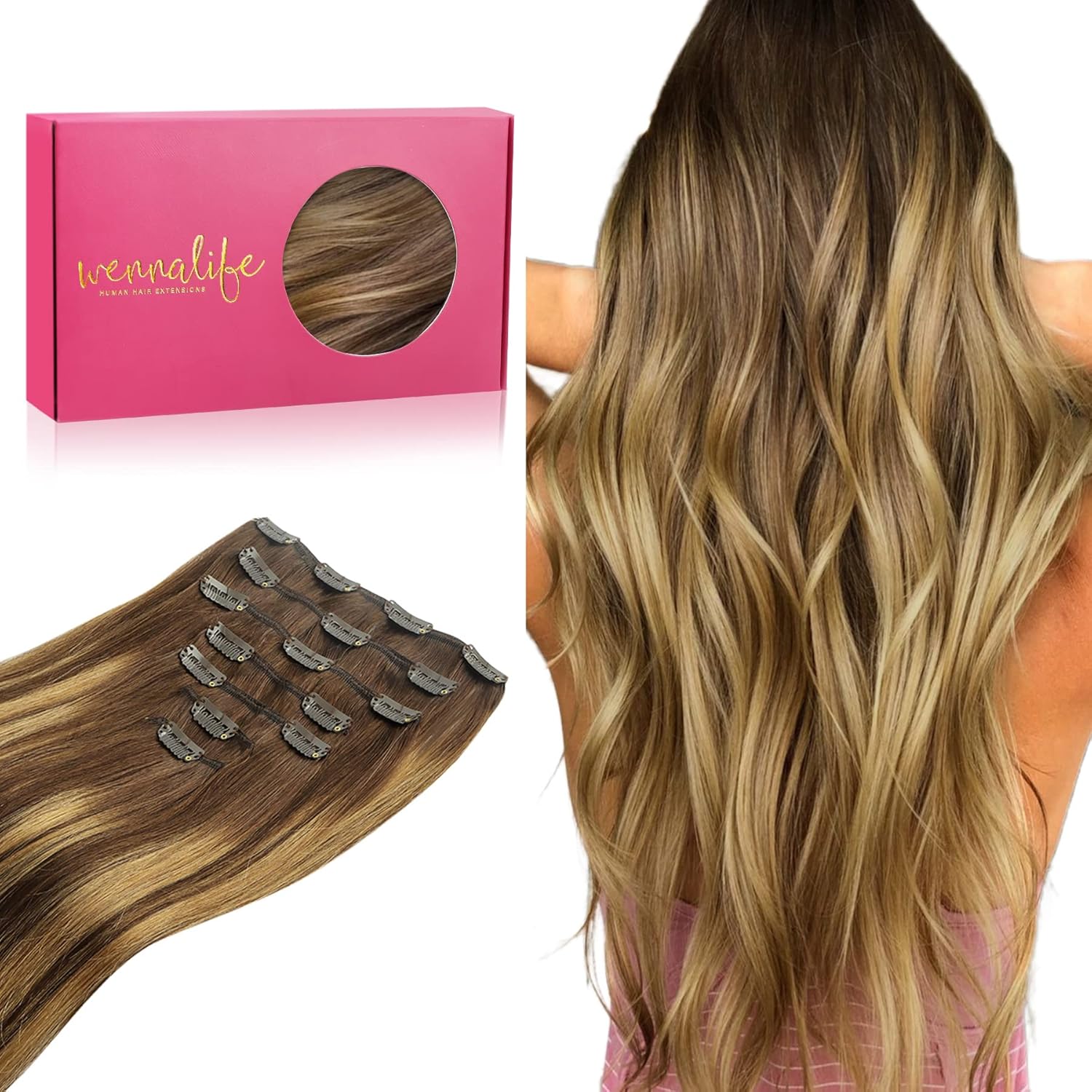 Wennalife – Clip-in cilvēka matu pagarinājumi, 35 cm, balayage šokolādes brūns līdz karameļu blondīne, 120g, 7 gabali
