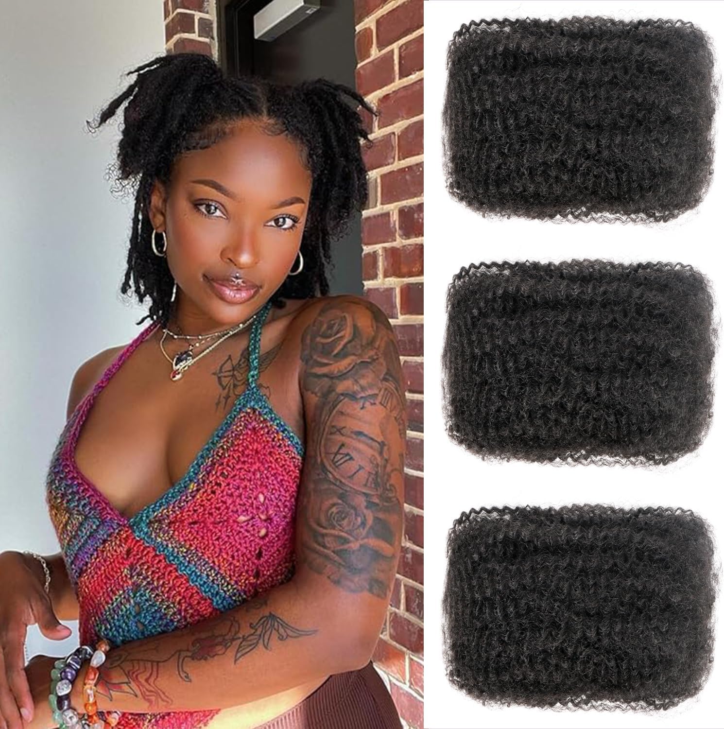 Alaleibaby Afro Kinkys – Cilvēku matu dredu pagarinājumi, 10 collas, 3 komplekti, Afro kinky matu struktūra, dabīgi melnā krāsa