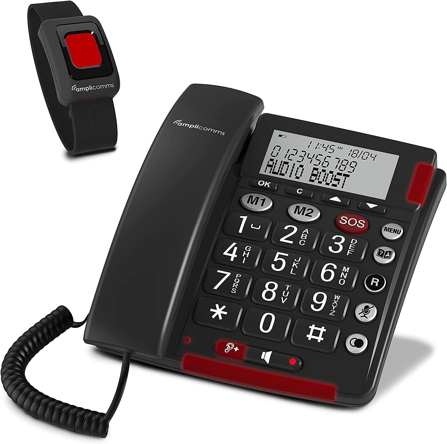 Audioline BigTel 50 Alarm Plus 906535 – Vadu telefons ar lielām pogām, avārijas izsaukuma raidītājs, optiskā izsaukuma signalizācija, balta