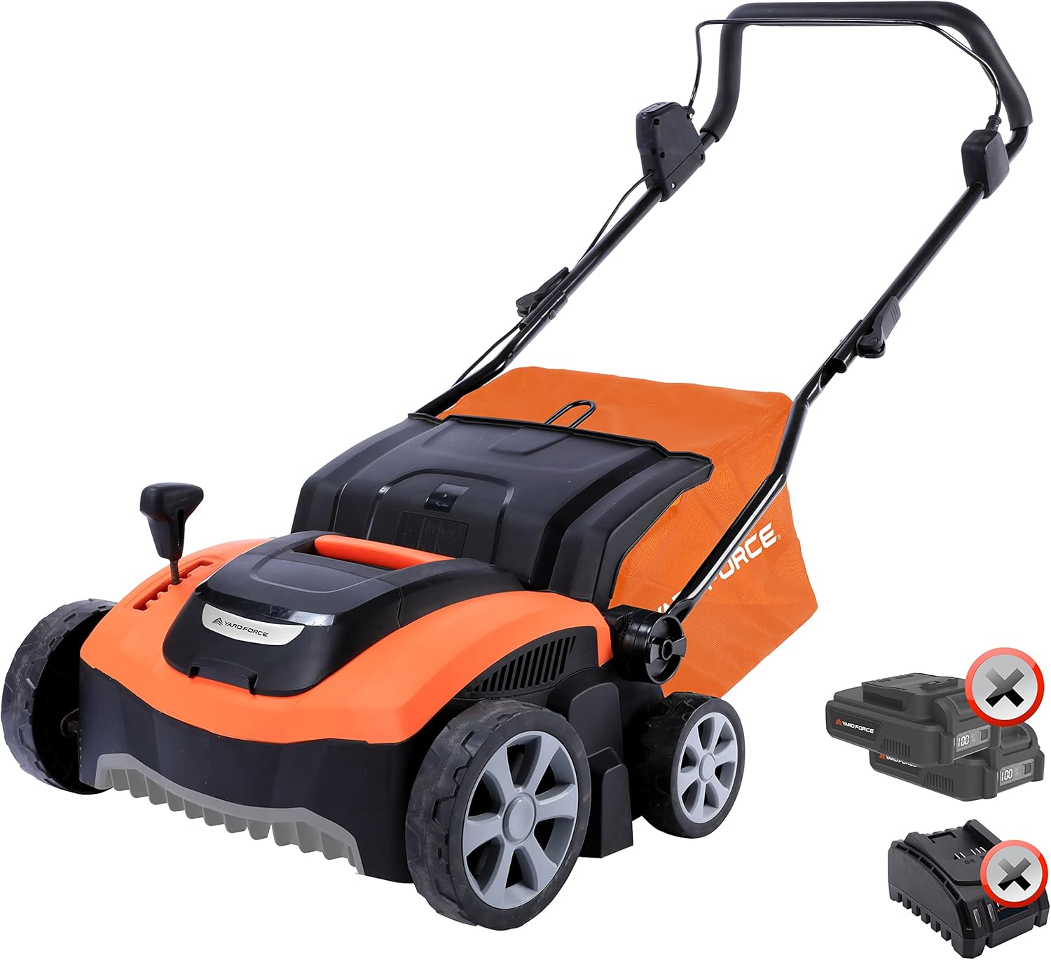 Yard Force LA C37W – Akumulatora skarifikators ar aeratora veltni, 37 cm darba platums, 6 līmeņu griešanas augstums, 45 l savākšanas maiss, bez akumulatora