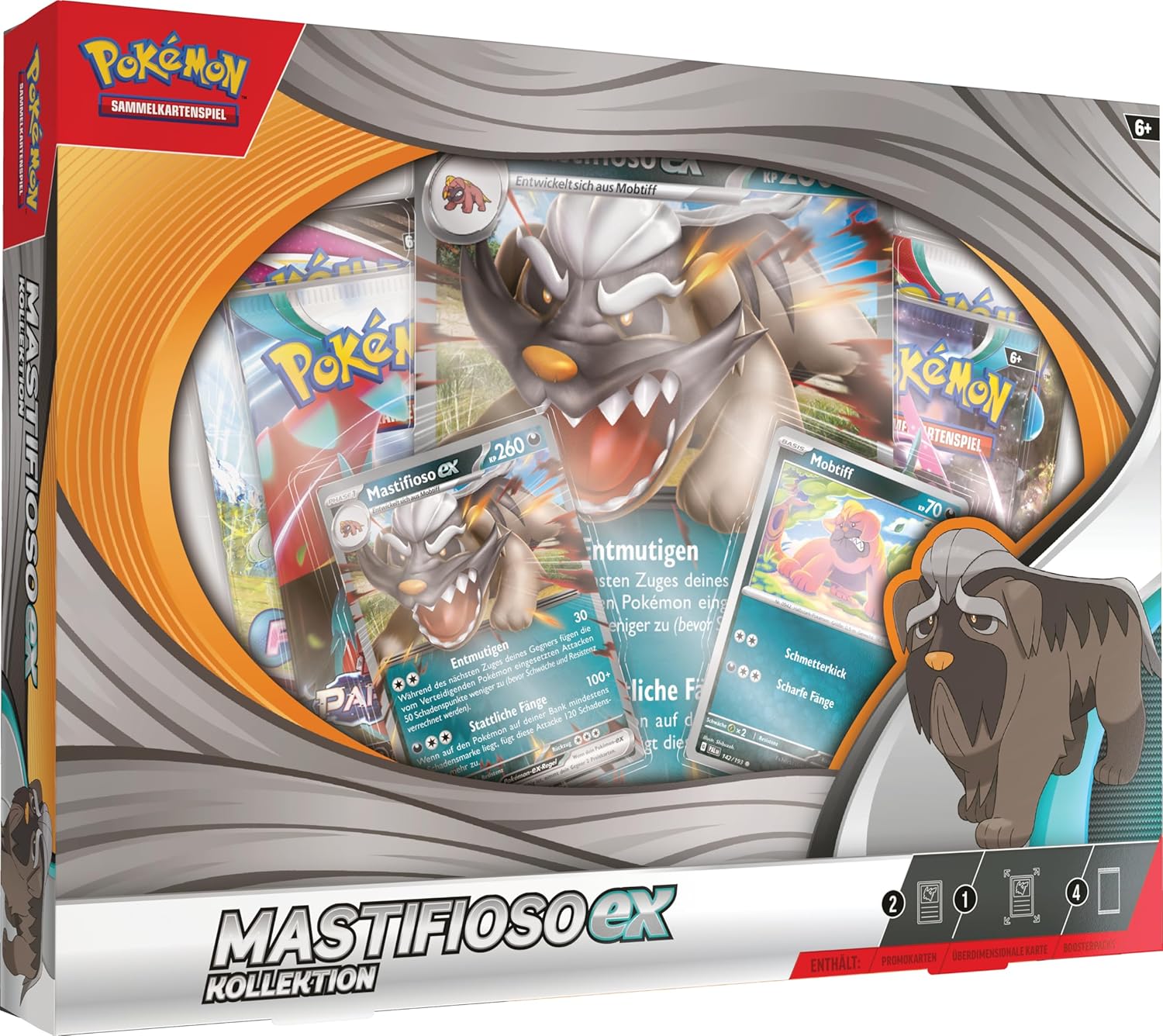 Pokémon Mastifioso-ex Kolekcija – Spēļu kāršu komplekts, 2 promo hologrāfiskās kartes, 1 liela hologrāfiskā karte, 4 papildpakas