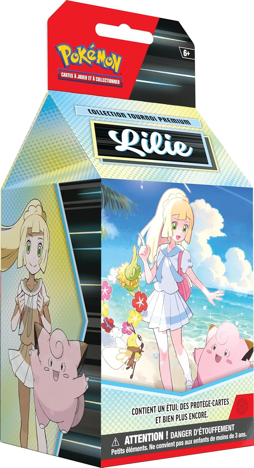 Pokmon CCG Lilie Premium Tournament Collection – Ilustrēta glancēta Mlofe-ex Lilie Promo karte, 6 papildspēļu komplekti, kolekcijas aksesuāri