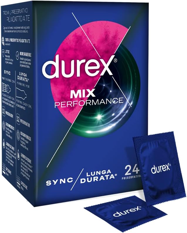 Durex Mix Performance & Long Lasting – Prezervatīvu komplekts, 24 gab., reljefs un rievas viņai, atgrūžoši efekti viņam