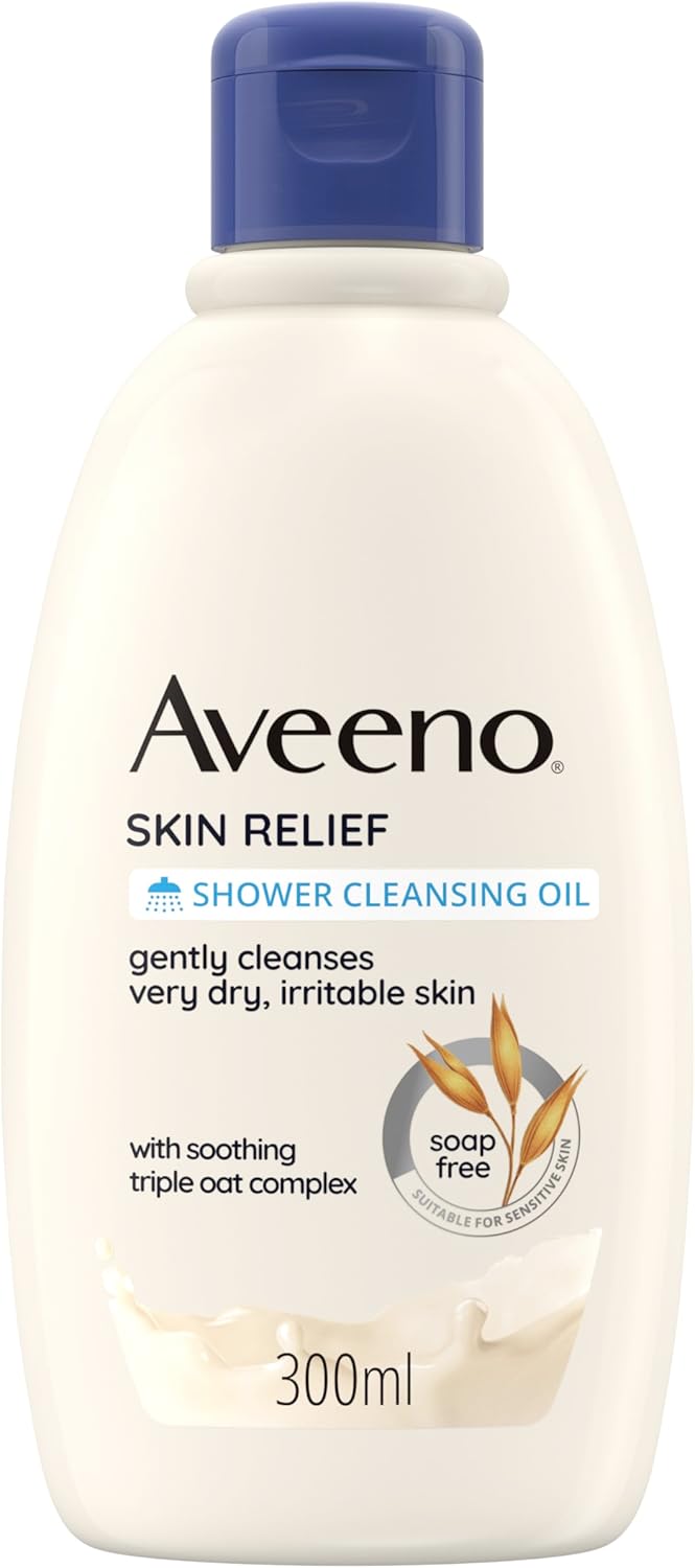 Aveeno Skin Relief – Attīroša ķermeņa eļļa vannai un dušai, sausai un niezošai ādai, ar auzu prebiotisko kompleksu, augstas tolerances, 300 ml