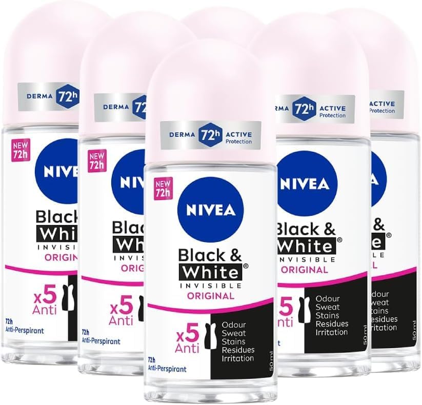 NIVEA Black & White Invisible Original – Dezodorants sievietēm, 72 h efektivitāte, pret svīšanu, aizsargā gaišus un tumšus audumus, roll-on