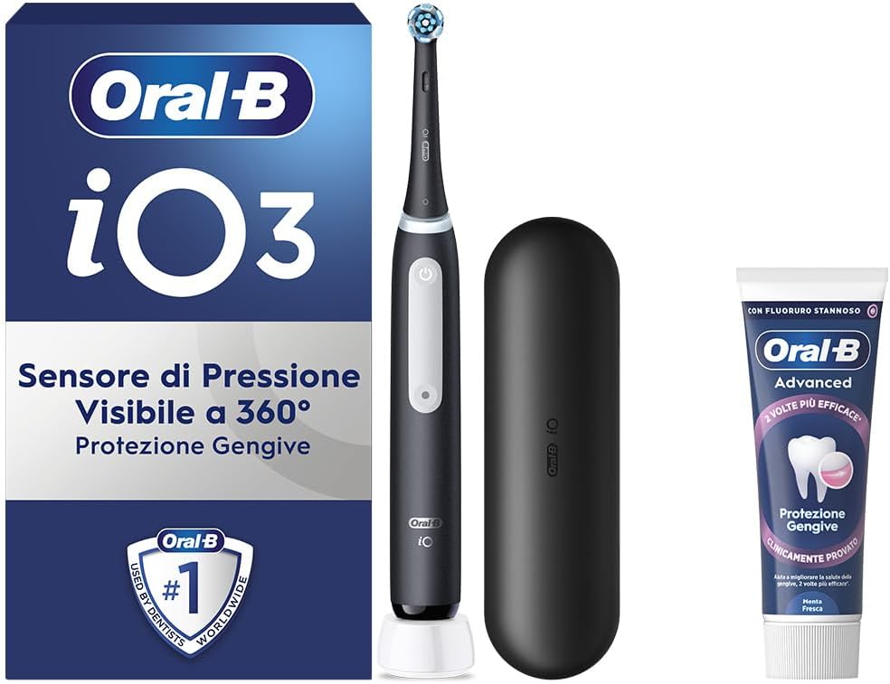 Oral-B iO 3 Black – Elektriskā zobu birste ar uzlādējamu akumulatoru, 1 rezerves birstes galviņa, ceļojuma futrālis, uzlabota smaganu aizsardzība, melna