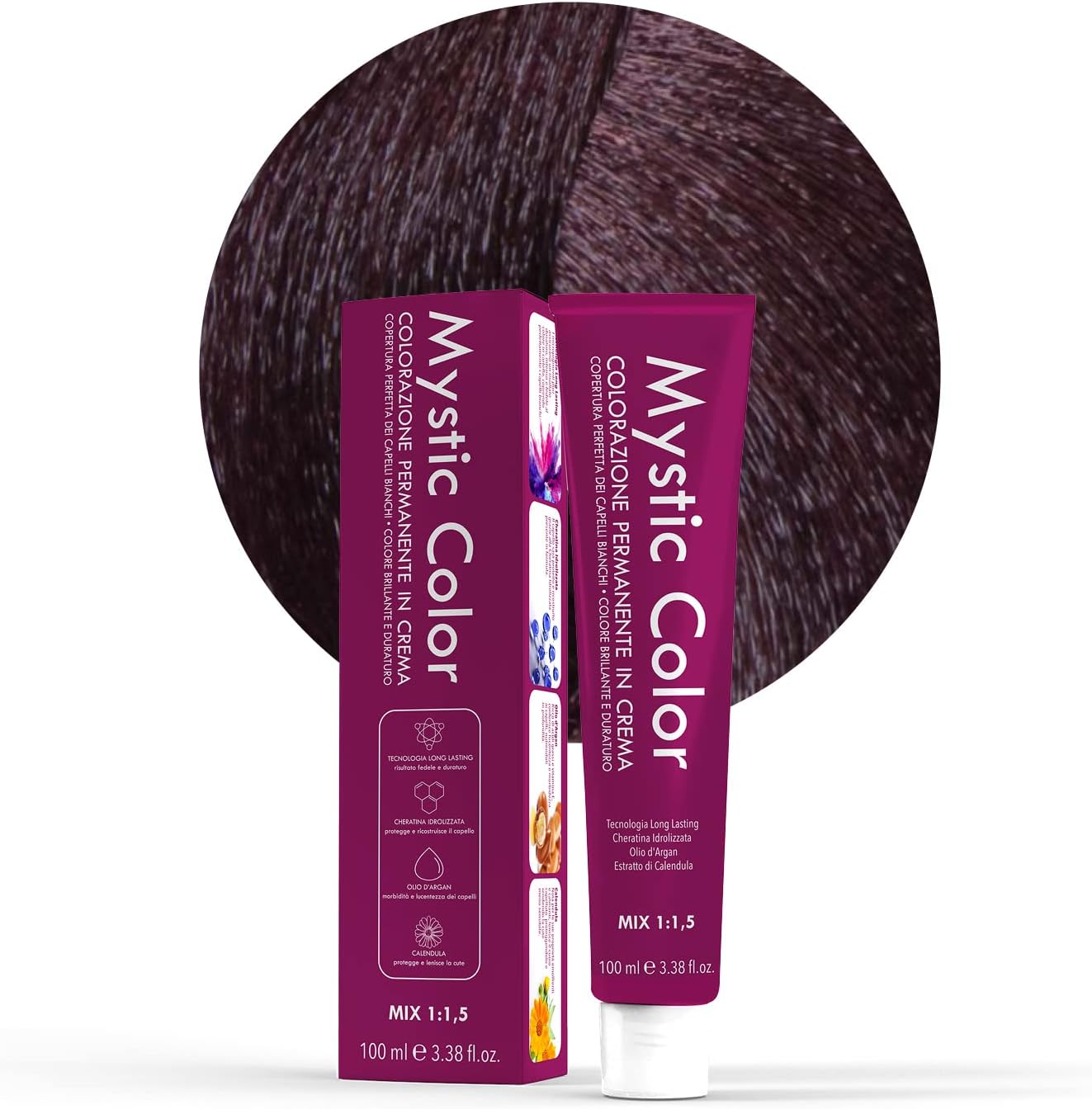 Mystic Color – Profesionāla ilgnoturīga matu krāsa, Mahogany 4.5, ar hidrolizētu keratīnu, argana un kliņģerīšu eļļām, 100 ml