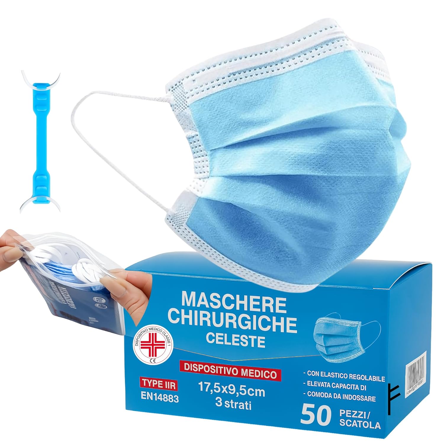 S&S Medical CELESTI – 3 kārtu CE sertificētas ķirurģiskās sejas maskas, 2R tips, medicīniskās, ausu aizsardzība, 50 gab.