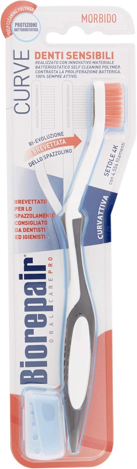 Biorepair Sensitive – Mīksta zobu birste jutīgiem zobiem, Patentēta izliekta forma, Aiztur baktēriju augšanu, Noņem aplikumu