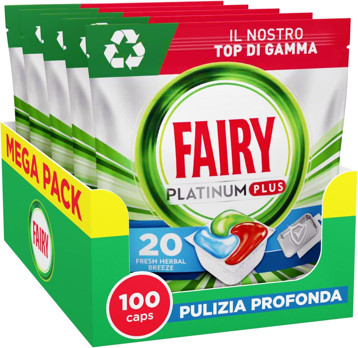 Fairy Platinum Dishwasher Plus – Trauku mazgāšanas tabletes, 100 kapsulas, dziļas tīrīšanas tehnoloģija, skalošanas palīglīdzeklis, pret taukiem, citronu aromāts