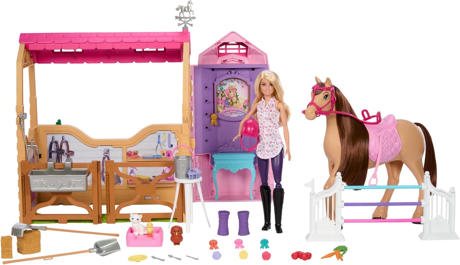 Barbie Ultimate Stallis – Rotaļu komplekts ar 6 spēļu zonām, lelle un zirgs, 25 aksesuāri, iedvesmots no grāmatas "Barbie noslēpumi - pazudušā zirga meklējumi", no 3 gadu vecuma