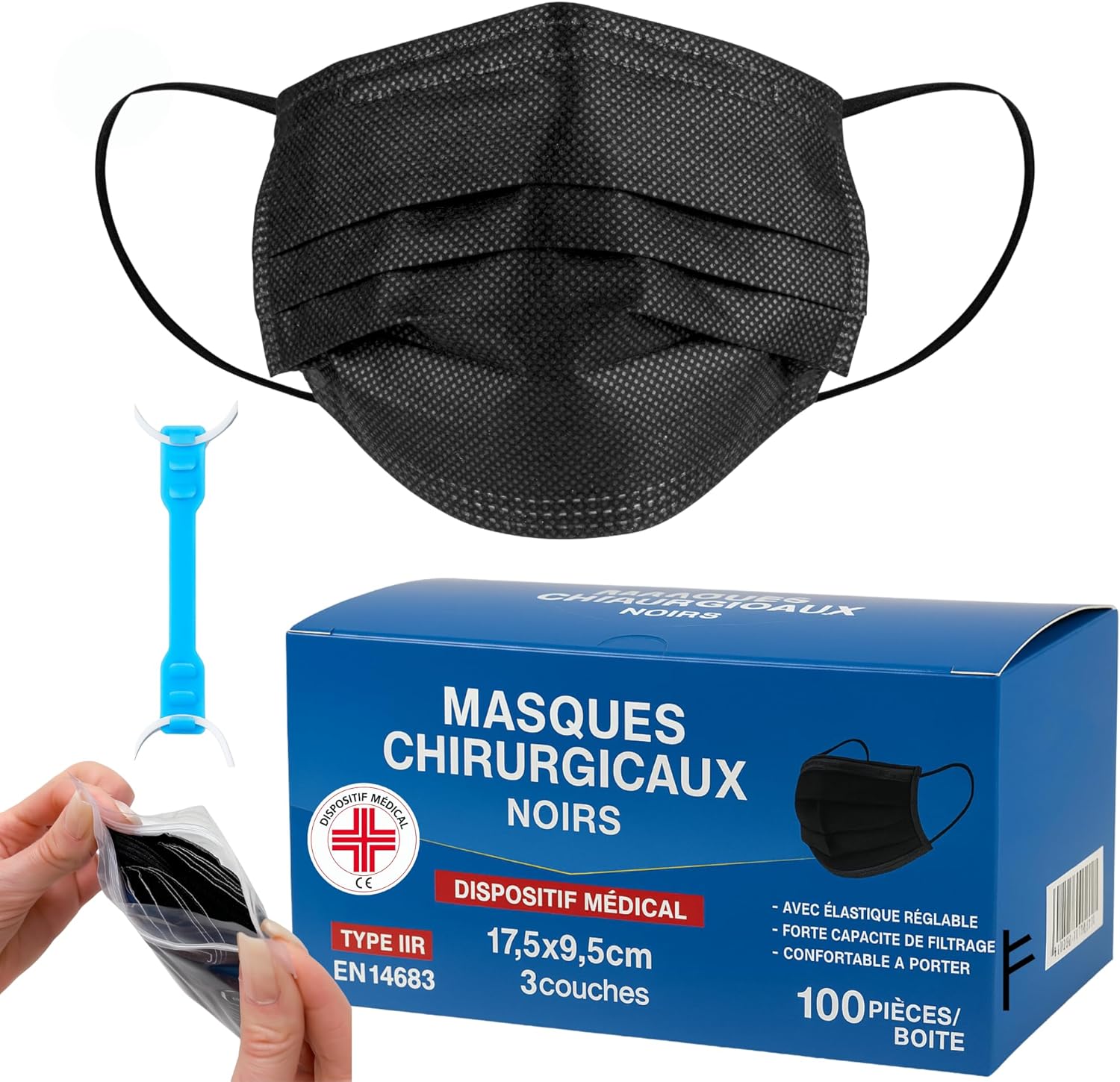 S&SMedical – Melnas trīsslāņu ķirurģiskās maskas, CE sertificētas, 2R tips, 98% aizsardzība, komplektā 10gb.