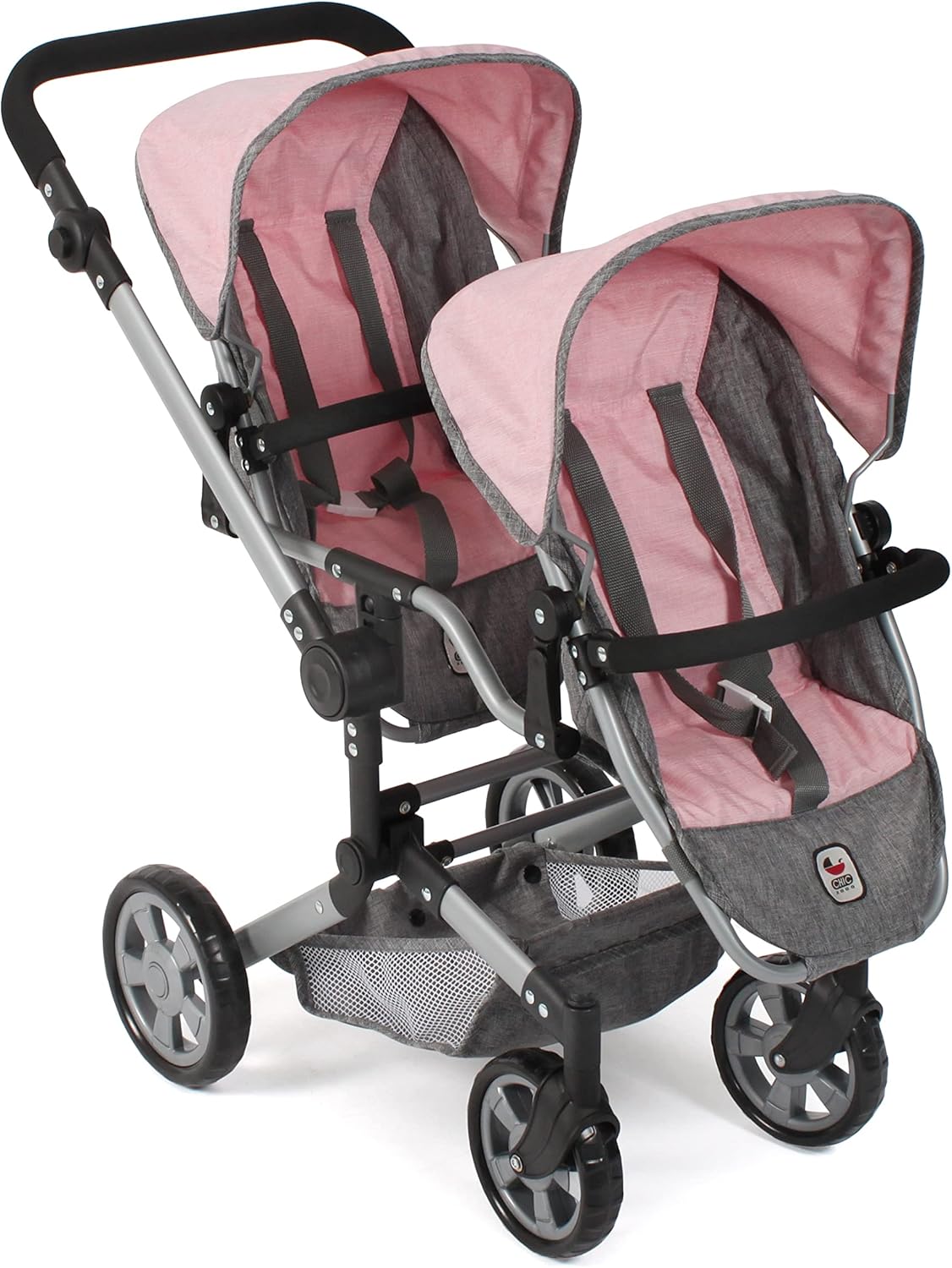 Bayer Chic Linus Duo – Divvietīgi leļļu ratiņi bērniem, vecums 4-8 gadi, pelēki, rozā akcenti