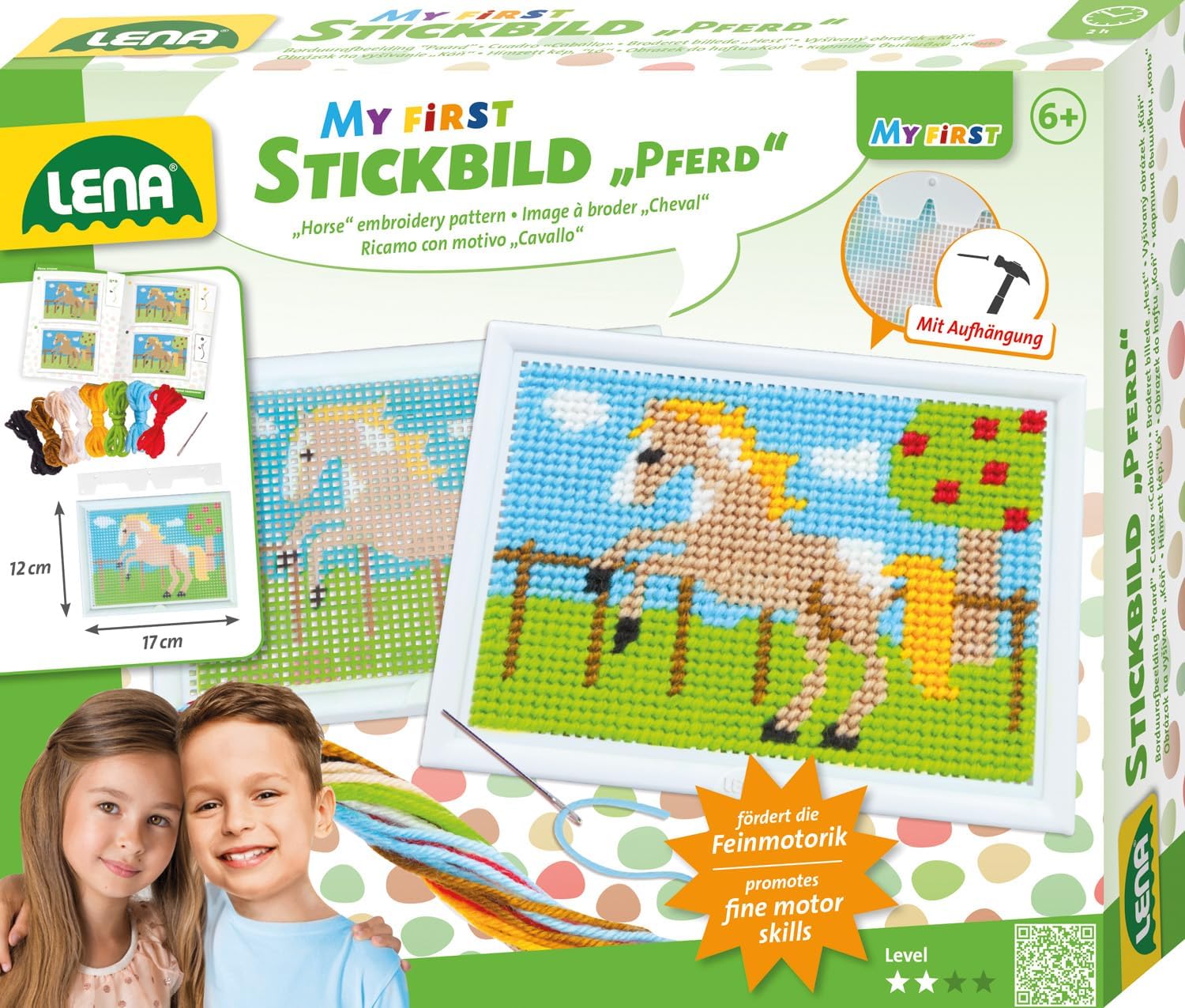 Lena 42625 - Izšūšanas komplekts zirdziņa attēlam, pilns aprīkojums, izšūšanas rāmis, metāla adata, vilnas dzija, no 6 gadiem, krāsains