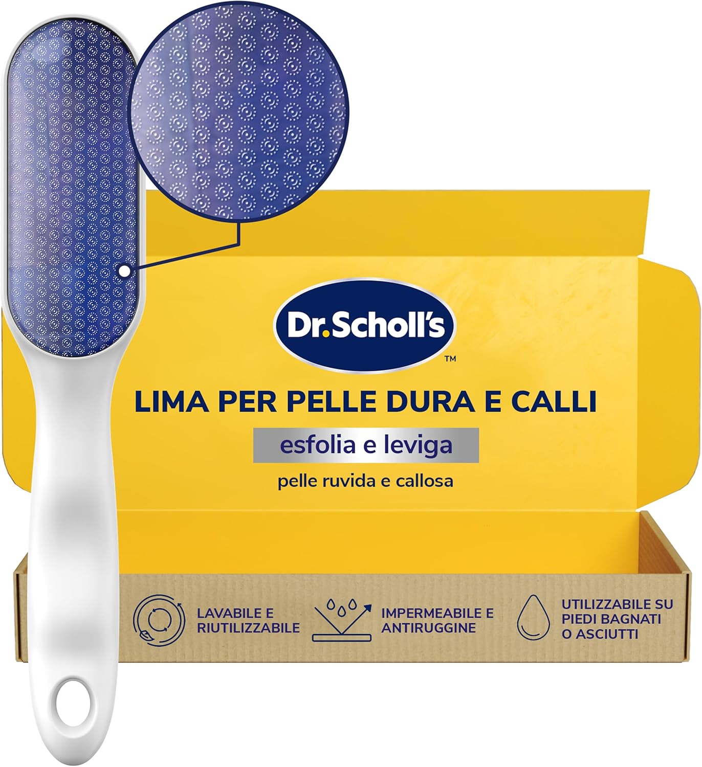 Dr. Scholl's Nano – Stikla pēdu vīlīte sausai ādas noņemšanai, ūdensizturīga, rūsas izturīga, neslīdošs rokturis, saudzīga pieskāriena