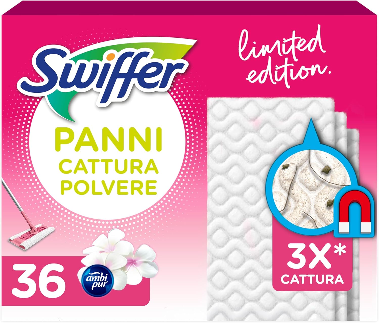 Swiffer Dry Pink – Sausās mikrošķiedras putekļu ķērājlupatiņas, 36 gab., putekļu un netīrumu noņemšana, piemērotas visu veidu grīdām, rozā