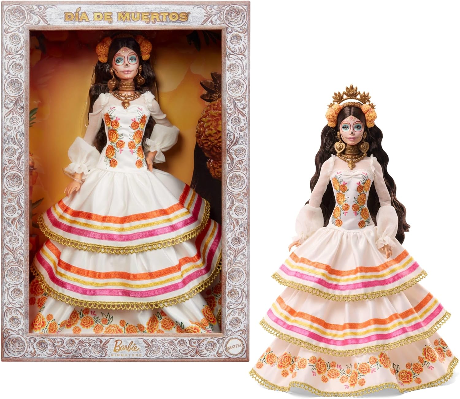 Barbie Signature JBJ05 – Kolekcionējama lelle, Da De Muertos 2025, krēmkrāsas rūtainā kleita, ziedu vainags, kalaveras sejas krāsa