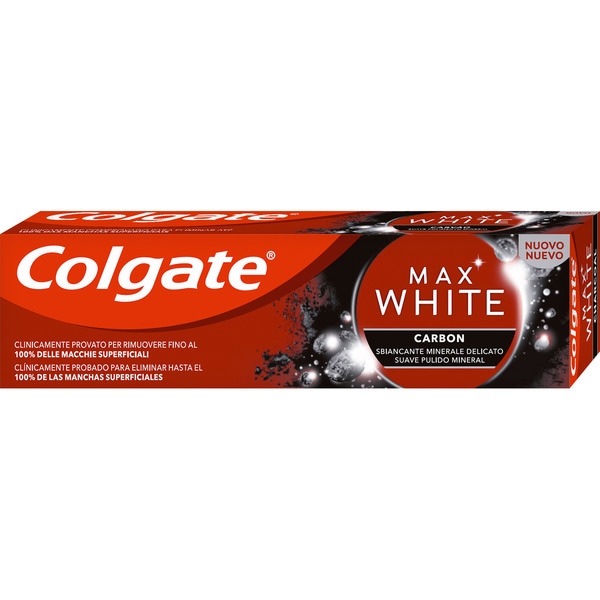 COLGATE Max White Carbon zobu pasta, 75ml – Balinošā zobu pasta, 75 ml, aktivētā ogle, emaljas aizsardzība, balta tūbiņa