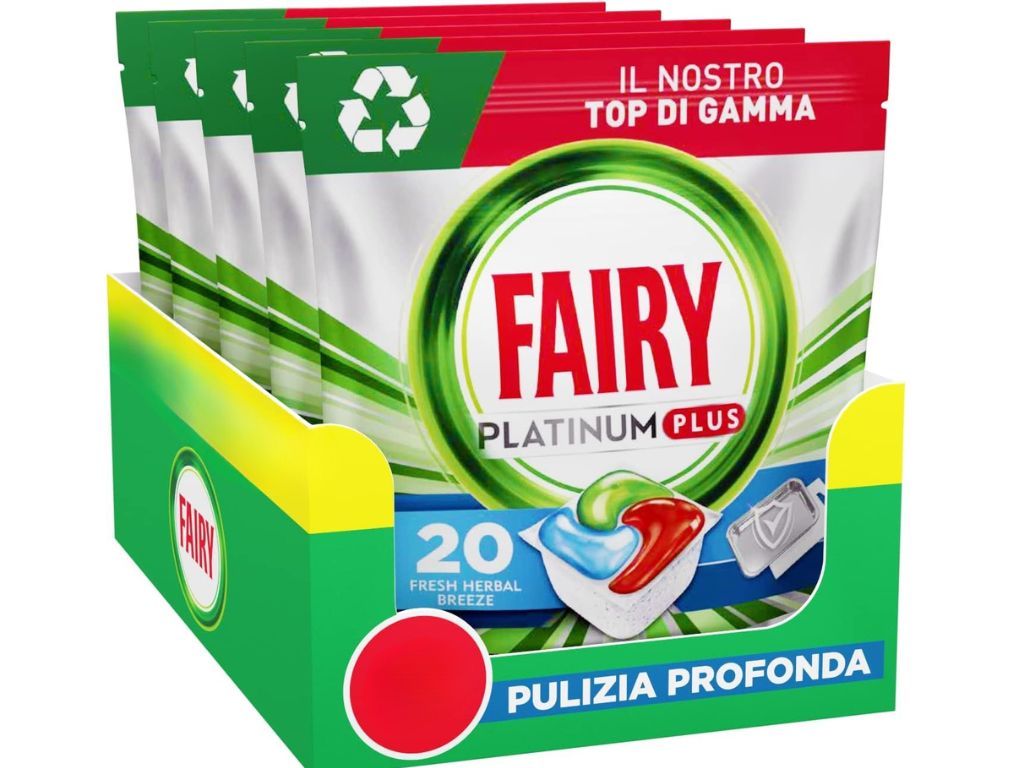 Fairy Platinum Plus – Trauku mazgājamās mašīnas tabletes, 20 kapsulas, dziļas tīrīšanas formula, skalošanas iedarbība, citrona aromāts, pret tauku nosēdumiem