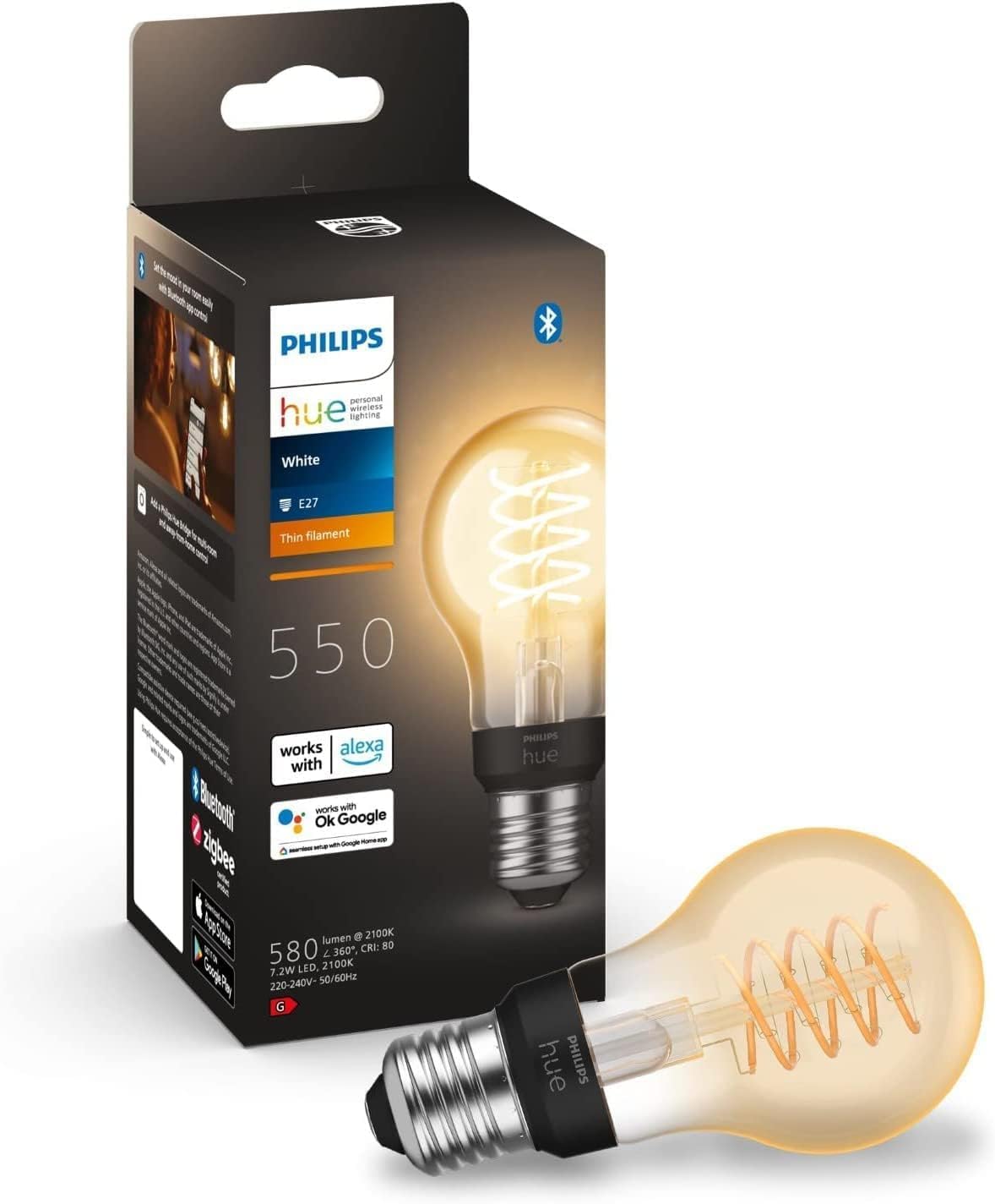 Philips Hue White E27 Filament - LED spuldze ar viedo vadību, 580 lūmeni