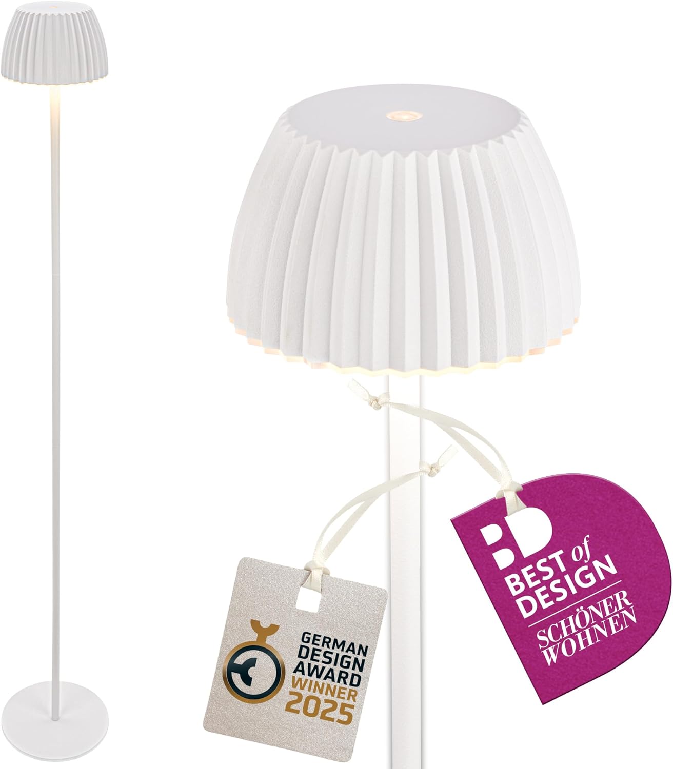 Briloner Riffle – Bezvadu grīdas LED lampa , dimmerējama, atmiņas funkcija, maināms akumulators, IP44, balta, German Design Award 2025 uzvarētāja