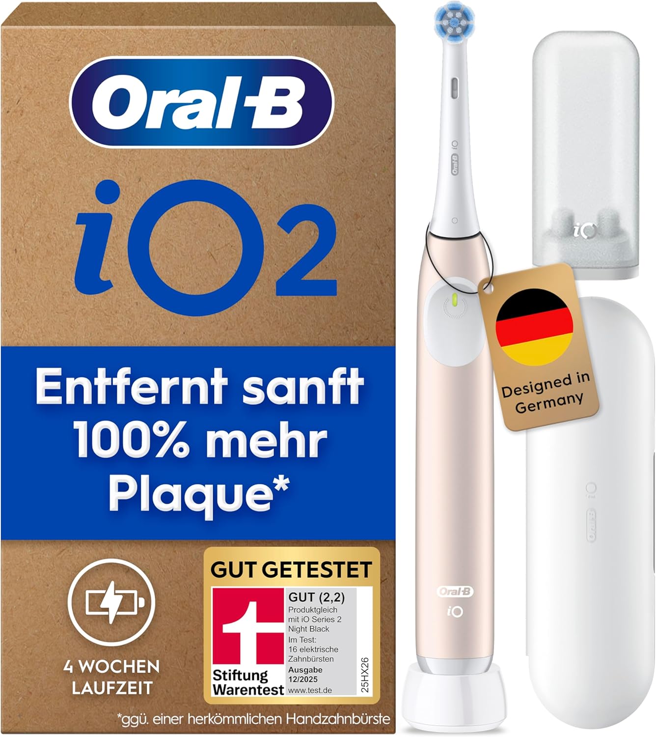 Oral-B iO Series 2 - Elektriskā zobu birste, 1 zobu birstes galviņa, 3 tīrīšanas režīmi zobu kopšanai, ceļojumu maciņš, ceļojumu uzpildes turētājs, dizains: Braun, mierīgi rozā