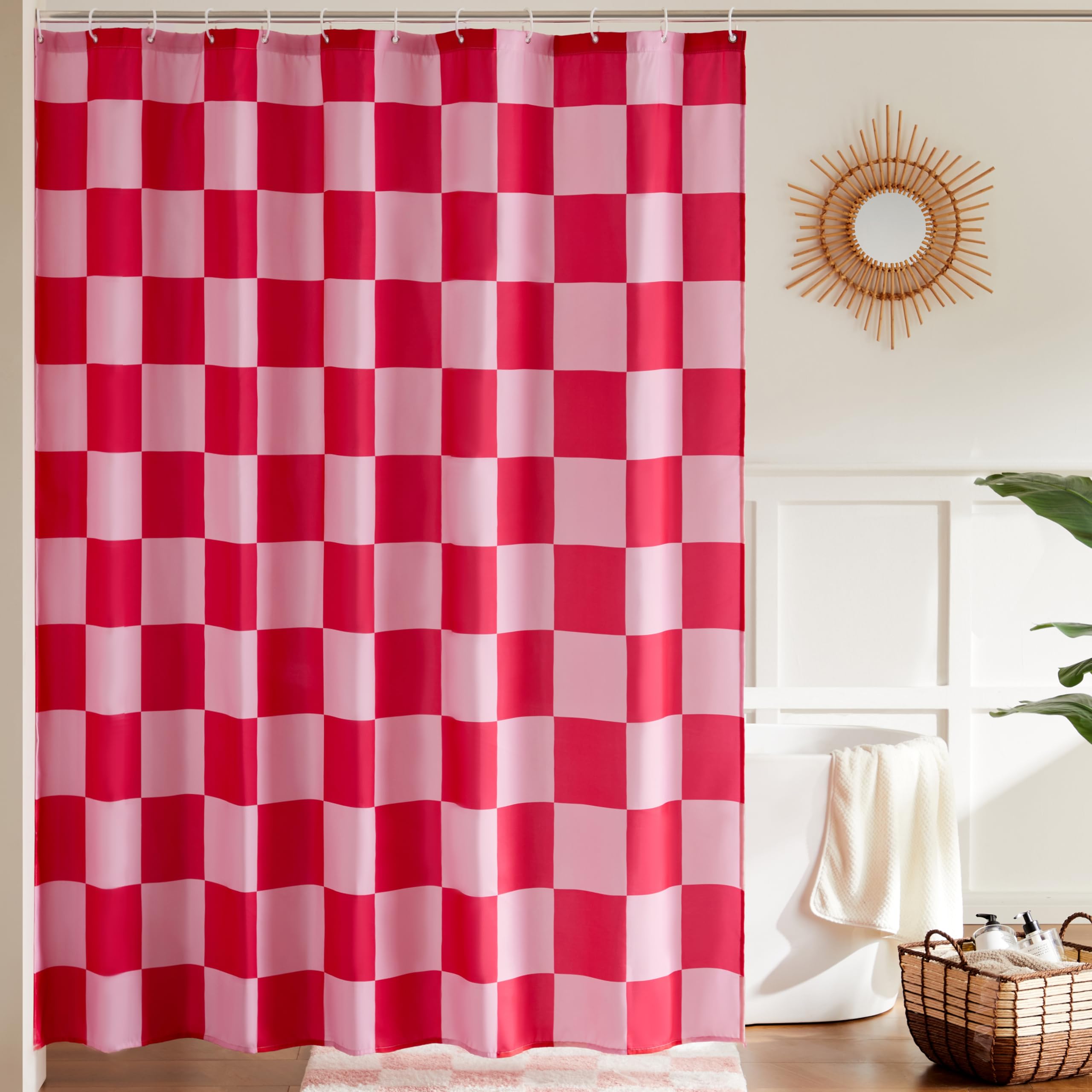Ohocut - Dušas aizkars vintage stilā ar šaha galdiņa rakstu, 183x183 cm, rozā