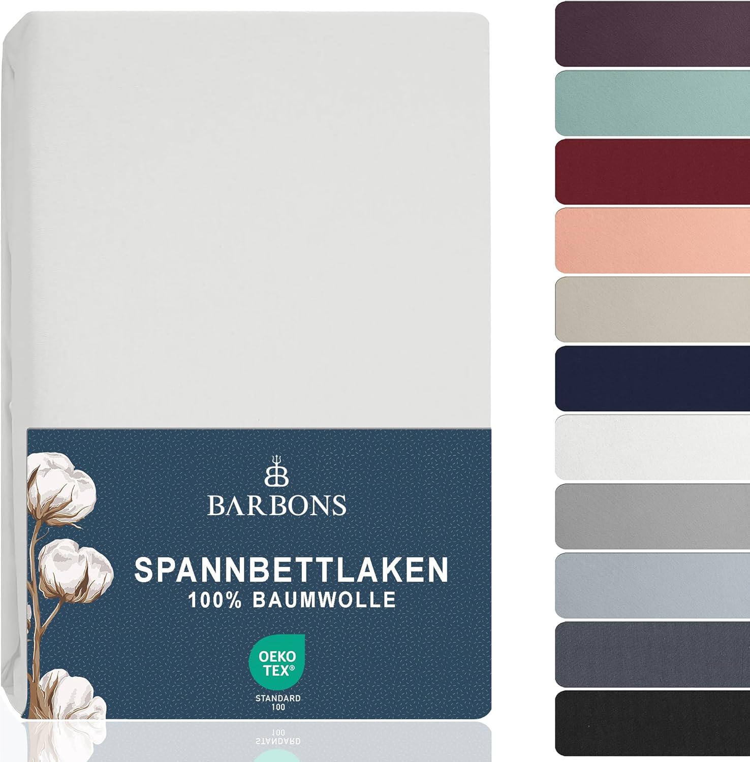 BARBONS – Elastīgais gultas palags, 90x200 cm, 100% kokvilna, Oeko-TEX sertifikāts, piemērots boxspring gultām, balts