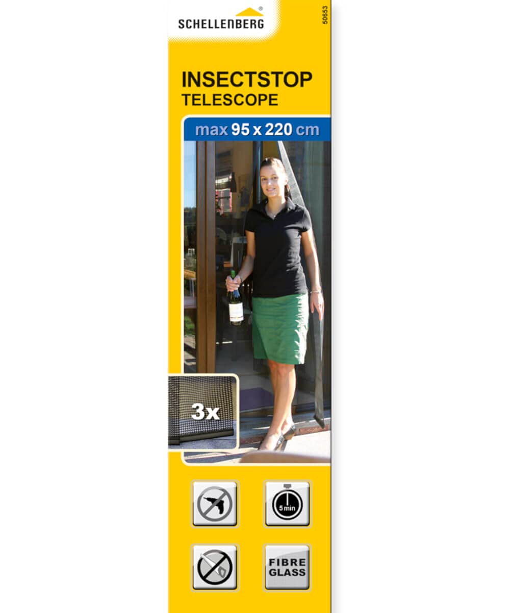 Schellenberg 50653 - Insektu aizsardzības priekškars balkona durvīm ar teleskopisko šķērssloksni, 75–95 x 220 cm