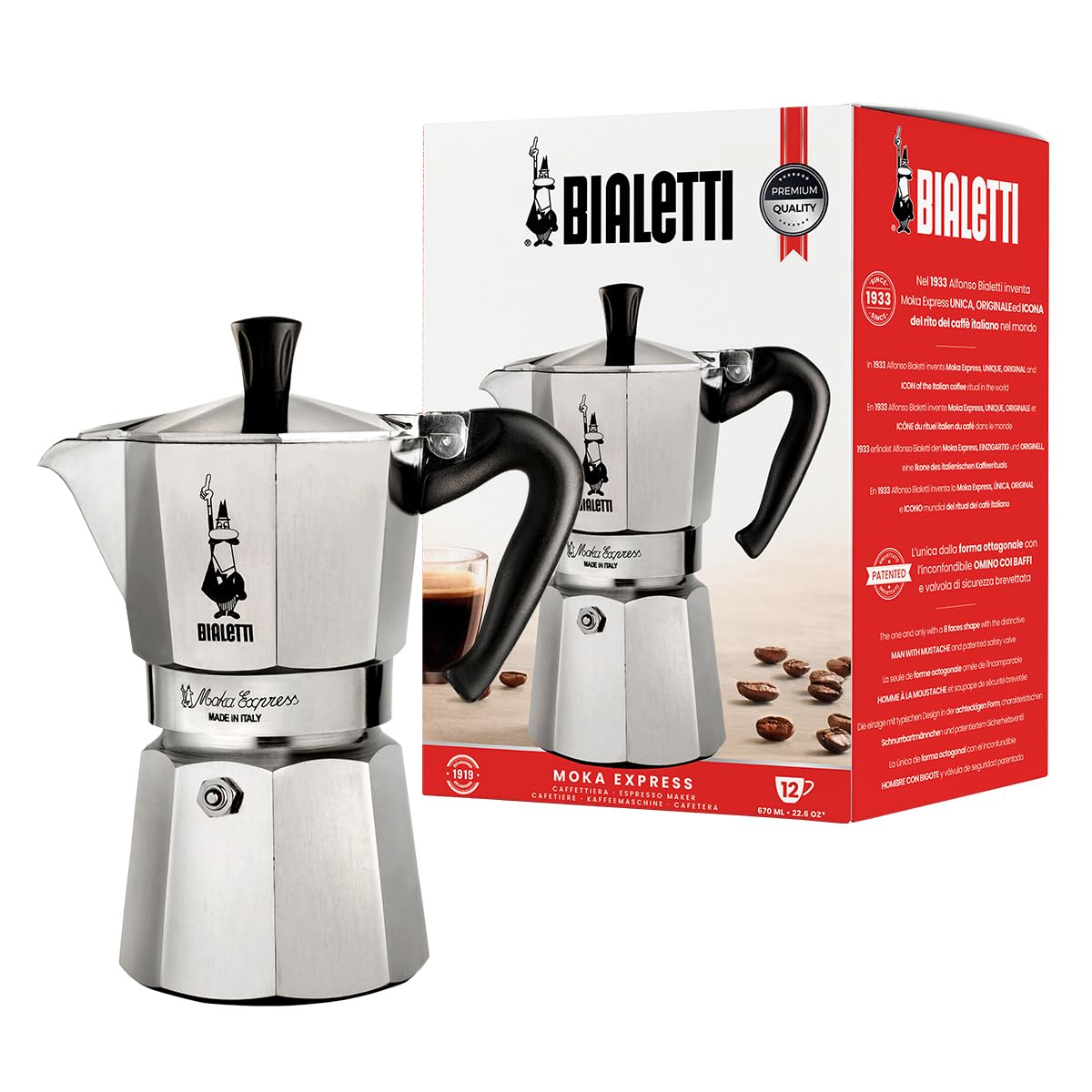 Bialetti Moka Express - Itāļu espresso kafijas kanna 12 tasēm, alumīnijs, sudraba krāsa