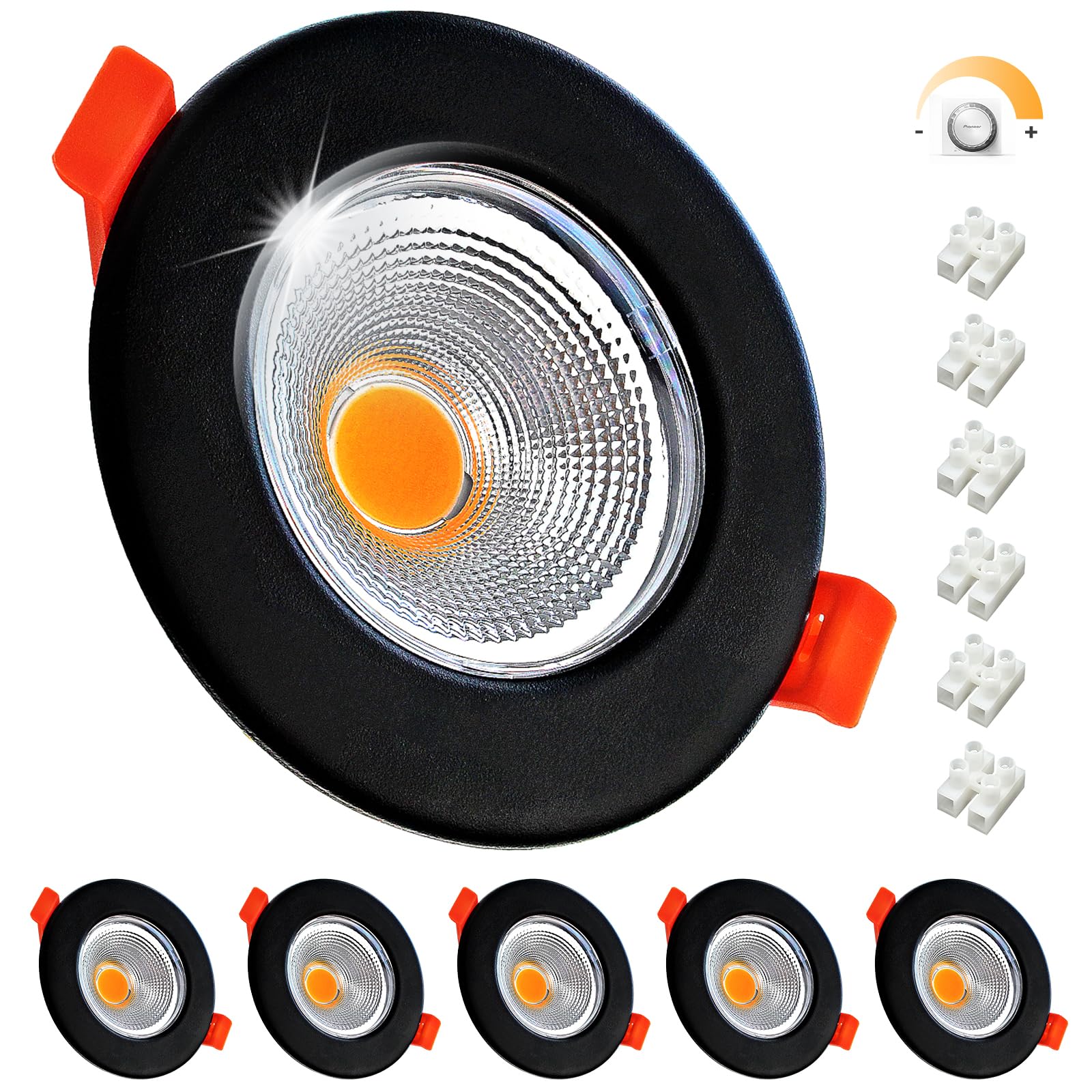 Wondlumi - 6 LED iebūvējamie gaismekļi, matēti melni, dimerējami, 7W, 230V, silti balti 3000K, guļamistabai