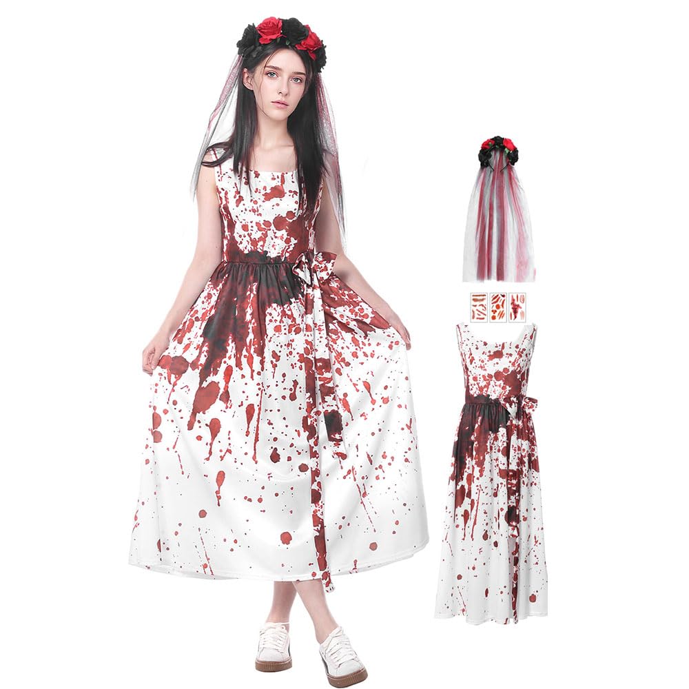 Suffolly COSATC11012 - Sieviešu zombiju līgavas kostīms ar asiņu traipu kleitu Halloween
