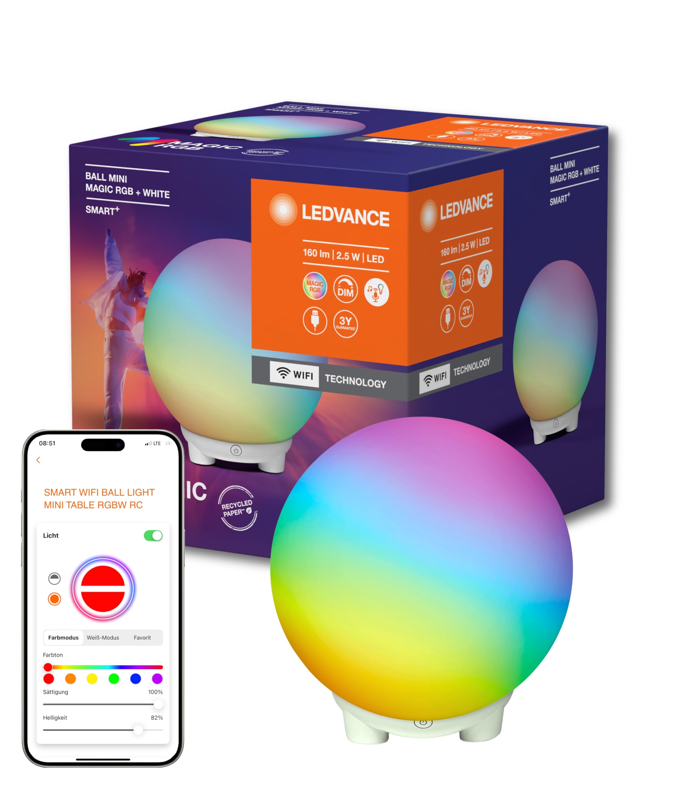 LEDVANCE SMART WIFI Ball Light - Lodveida gaismas noskaņas un galda lampa, melna, 4 W, 130 lm, Dynamic Magic RGB gaismas efekts, divi gaismas avoti, regulējama spilgtuma, ilgs kalpošanas laiks, vienkārša montāža, vadāma ar lietotni, IP20