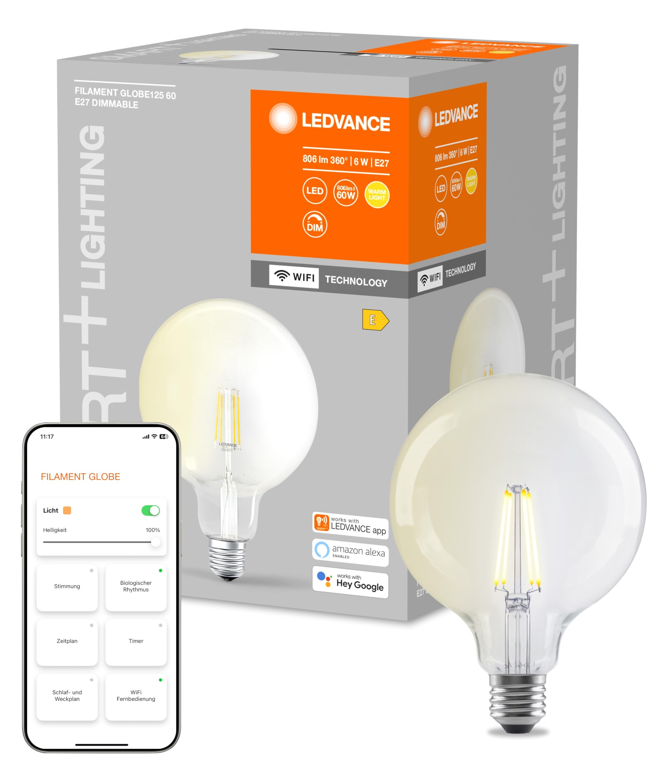 LEDVANCE SMART Filament Globe Dimmable - Viedā LED spuldze E27, aptumšojama, 2400K, WiFi, 60W aizstājēja