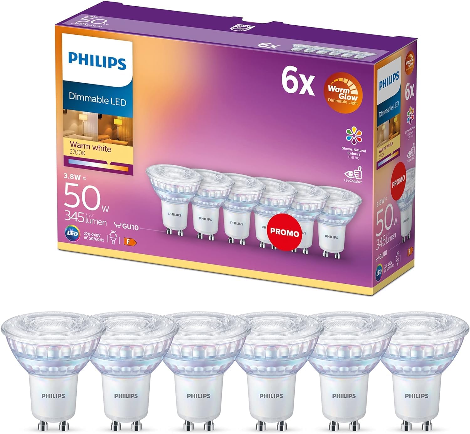Philips LED Classic GU10 - Spuldzes, 6 gab., silti baltas, dimmējamas