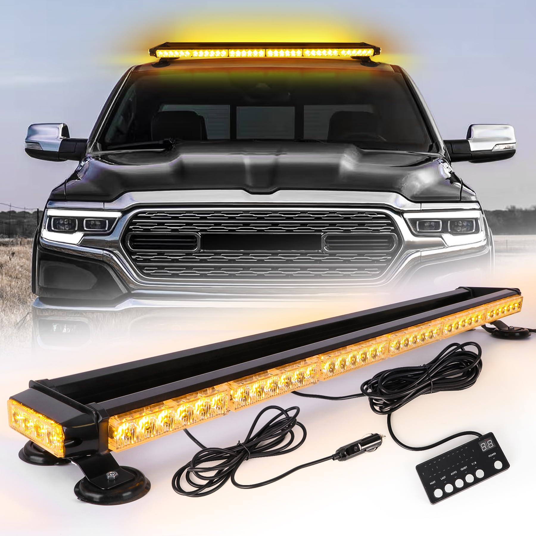ROUTEKING 52097WYW -mirgojoša stroboskopa lampiņa ar magnētisku bāzi, 95cm, 80LED, 12V-24V, dzintara krāsa