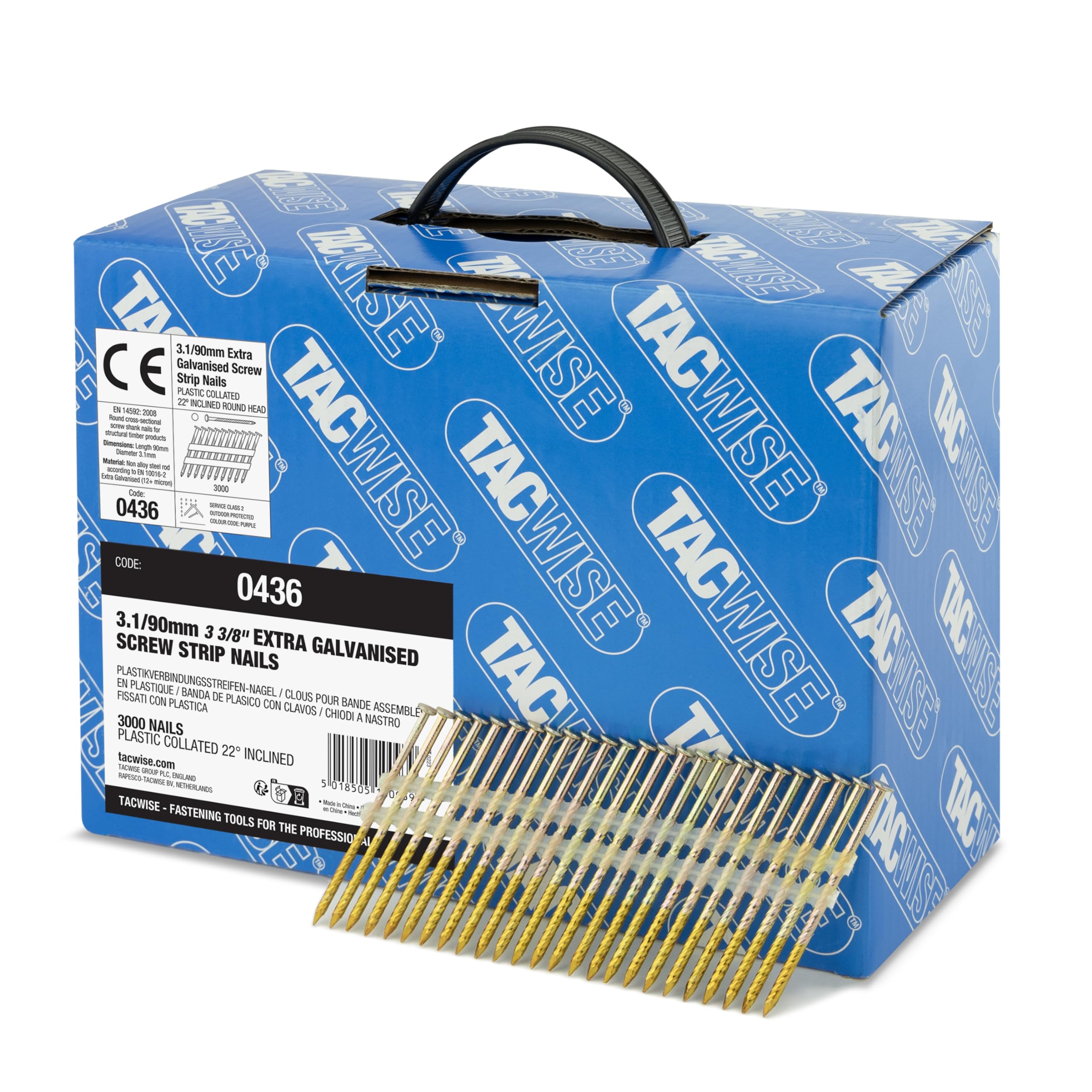 Tacwise 0436 - Cinkotas sloksnes naglas 3,1/90 mm, apaļa galva, savīts kāts, 22° leņķis, plastmasas līme, 3000 gab. iepakojumā