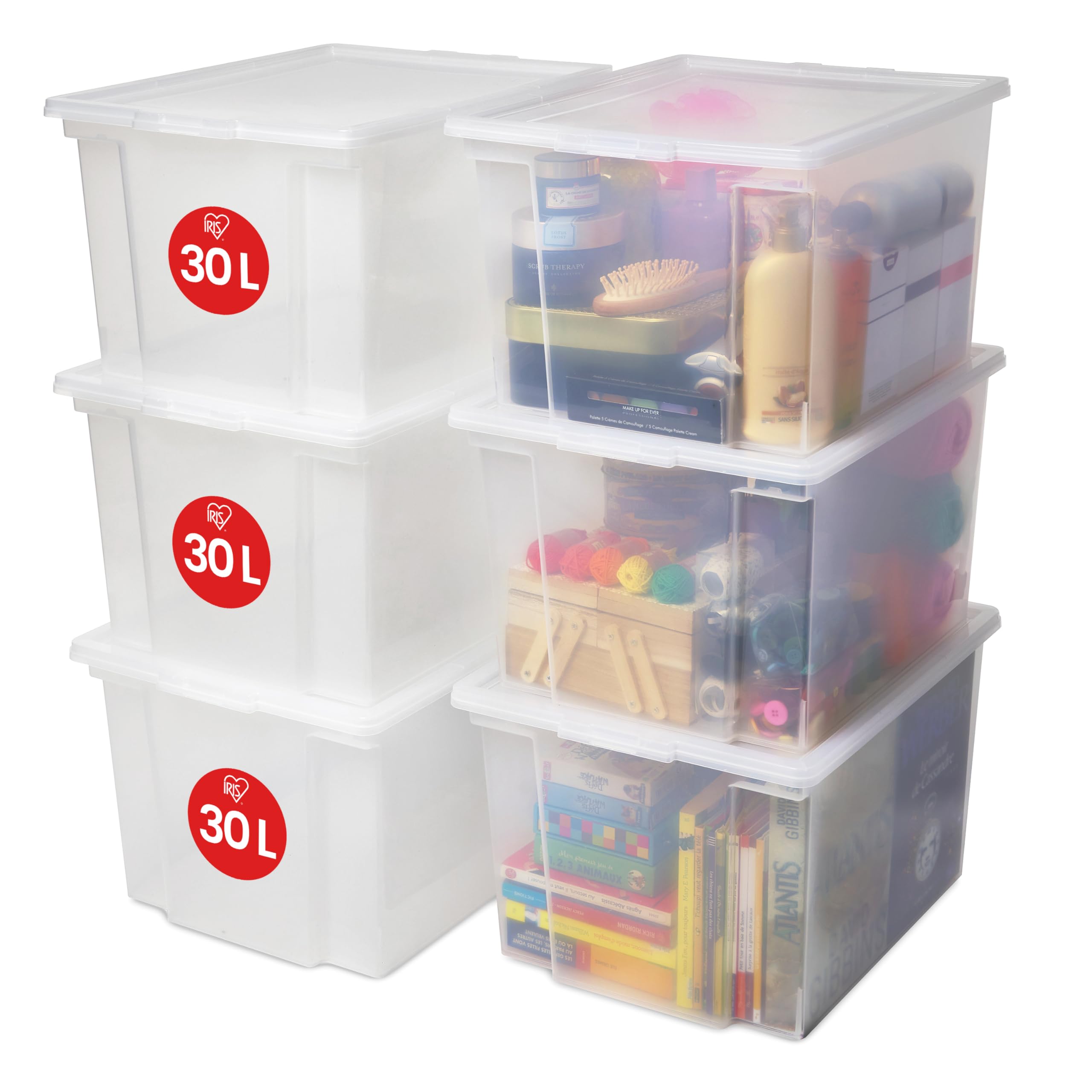 Iris Ohyama 104916 - Daudzfunkcionālās uzglabāšanas kastes ar vāku, 30L, 4 gab., caurspīdīgas, plastmasas