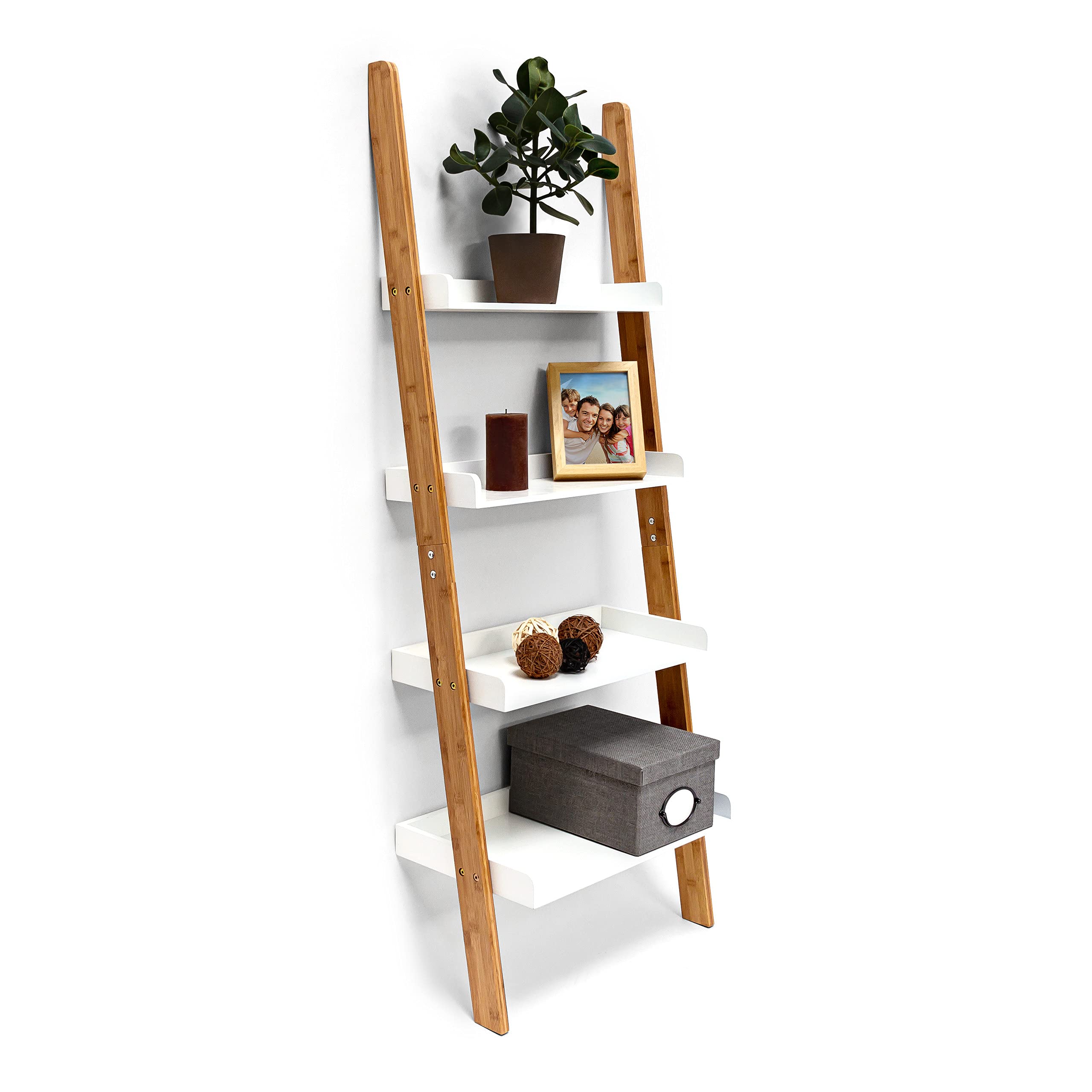Relaxdays Leiterregal BAMBOO / 10019170 - Kāpņu plaukts no bambusa ar 4 plauktiem, 144 x 56 x 34 cm, dabīgi balts