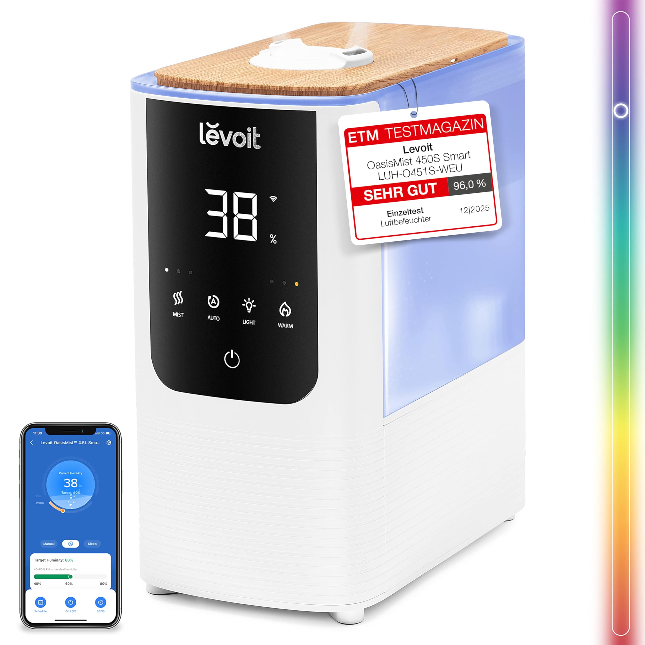 Levoit LUH-O451S-WUK - viedais gaisa mitrinātājs ar silto un auksto miglu lielām telpām, 4,5 L, 40m2