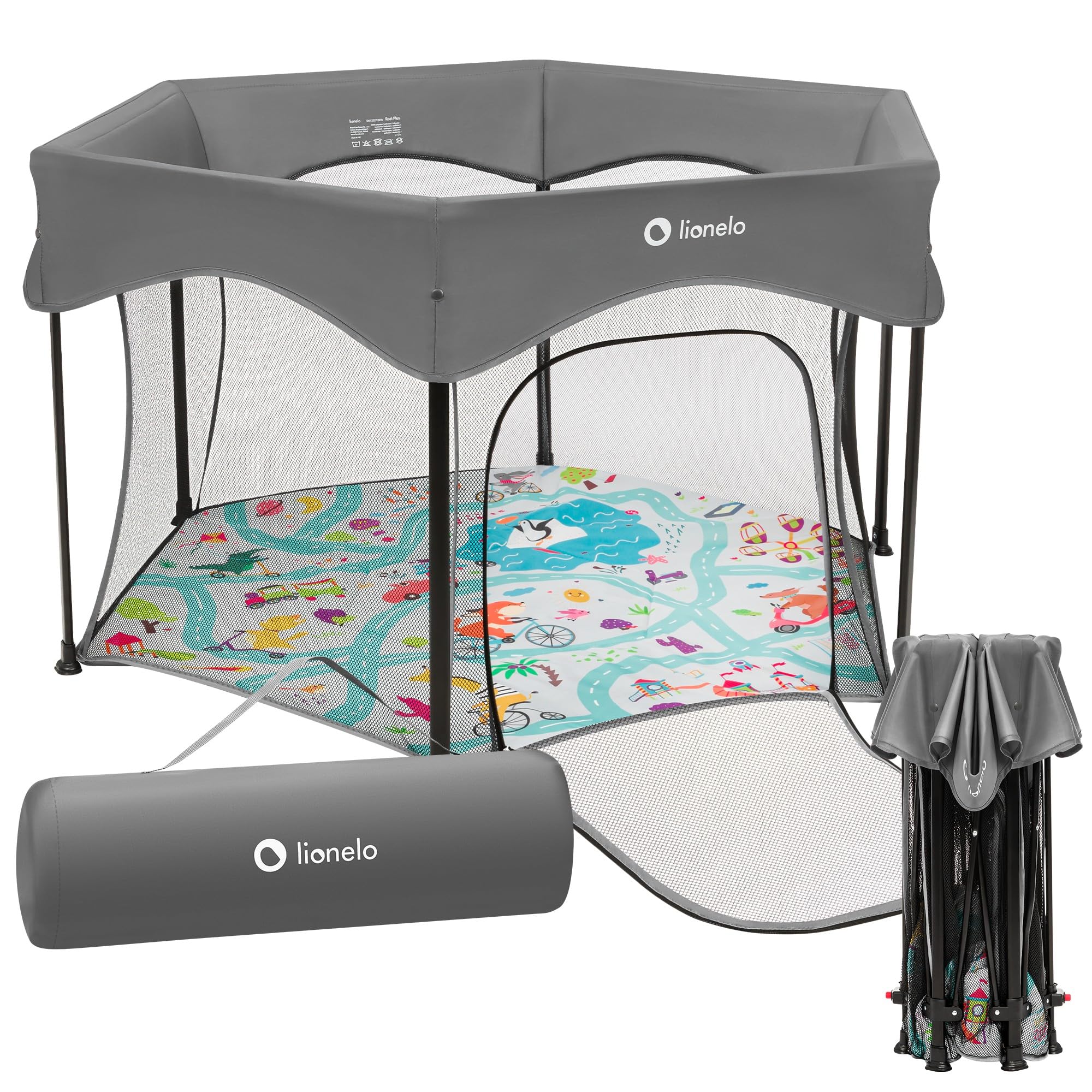 Lionelo Roel Plus - bērnu manēža ar sānu ieeju un LockGuard drošību, 134 x 118 x 74 cm