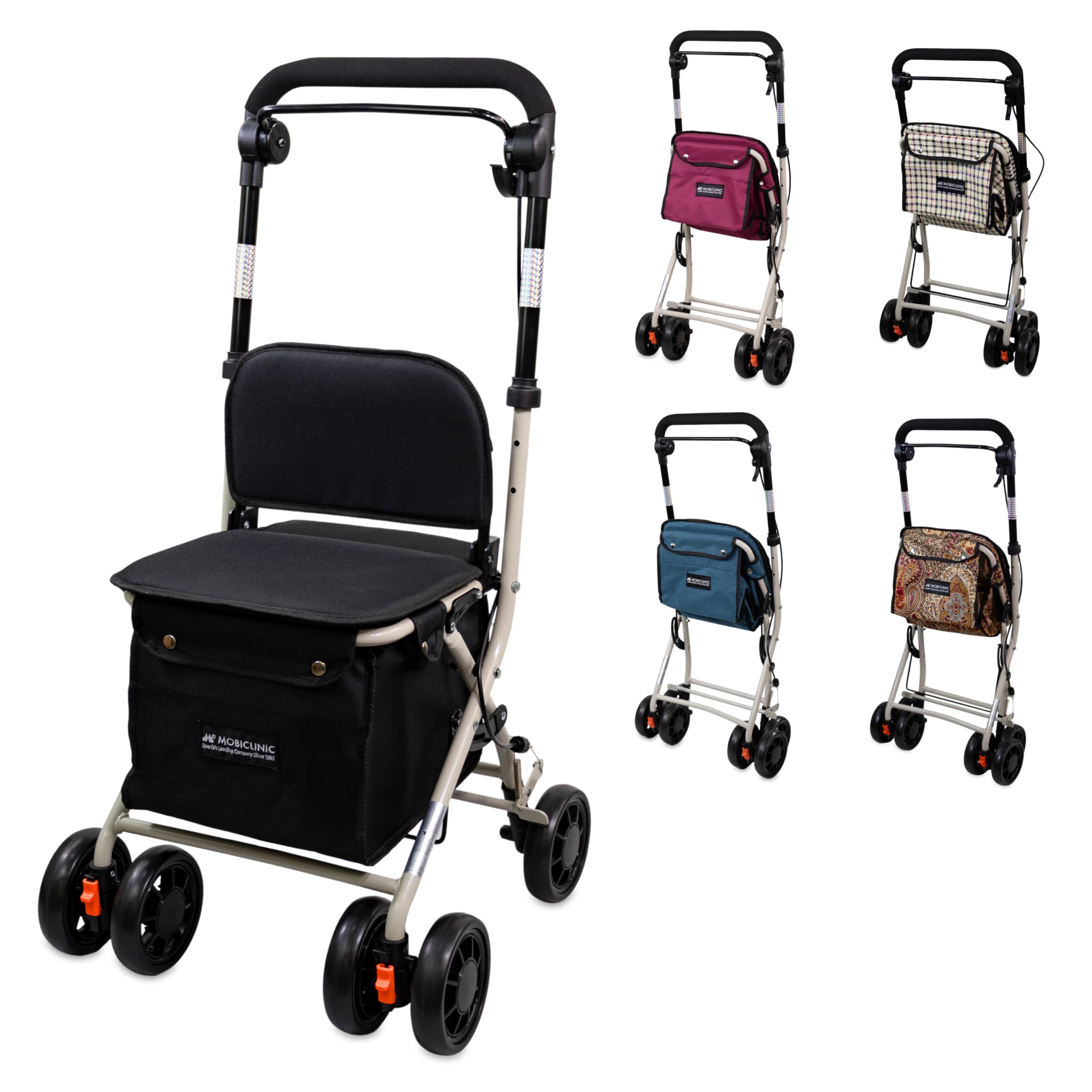 Mobiclinic Coliseo QM-0011013-NG - Salokāms rollators ar sēdekli un iepirkumu somu, melns