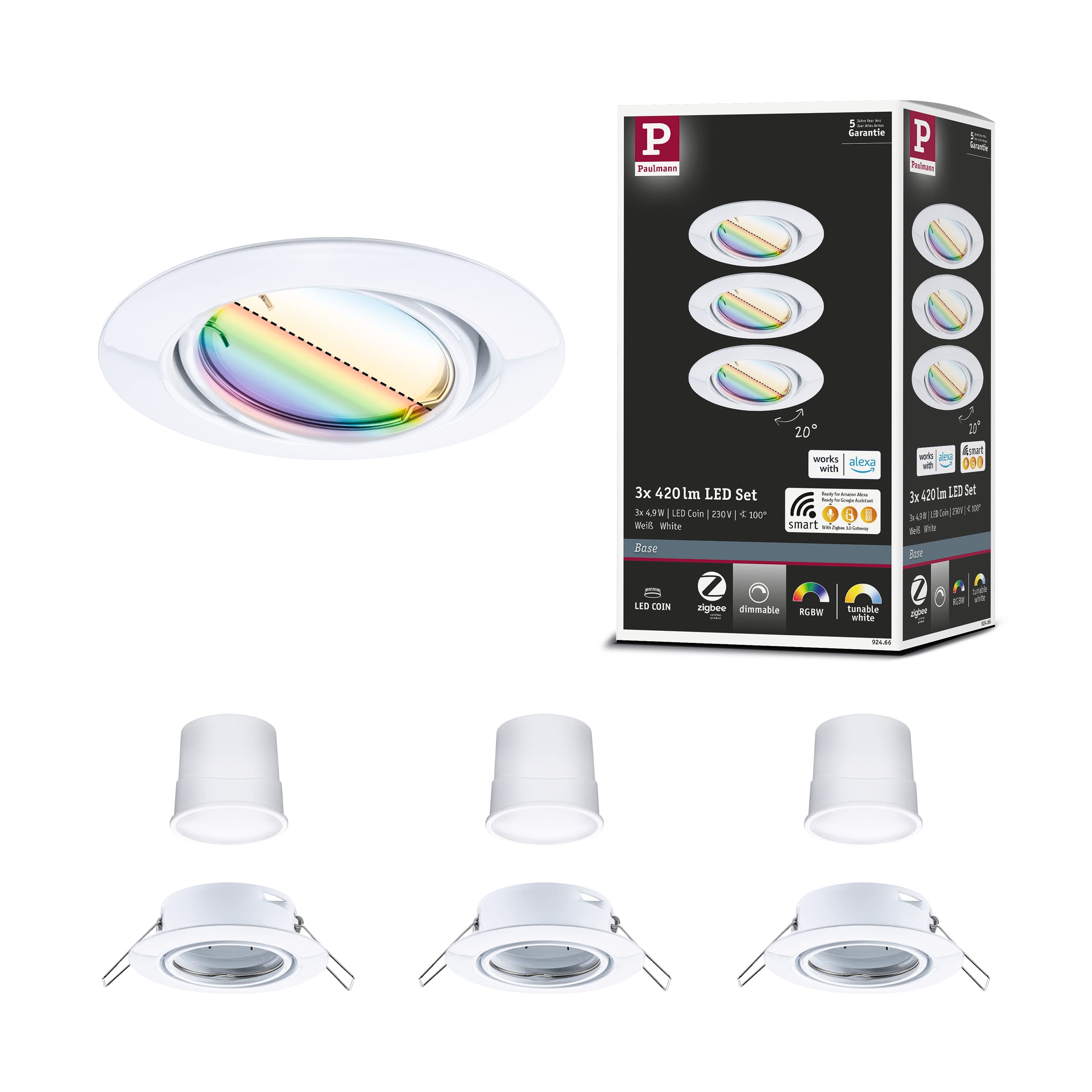 Paulmann 92466 - Iebūvējamie LED griestu gaismeklļi ar Zigbee un RGBW krāsu maiņu, 3x4.9W